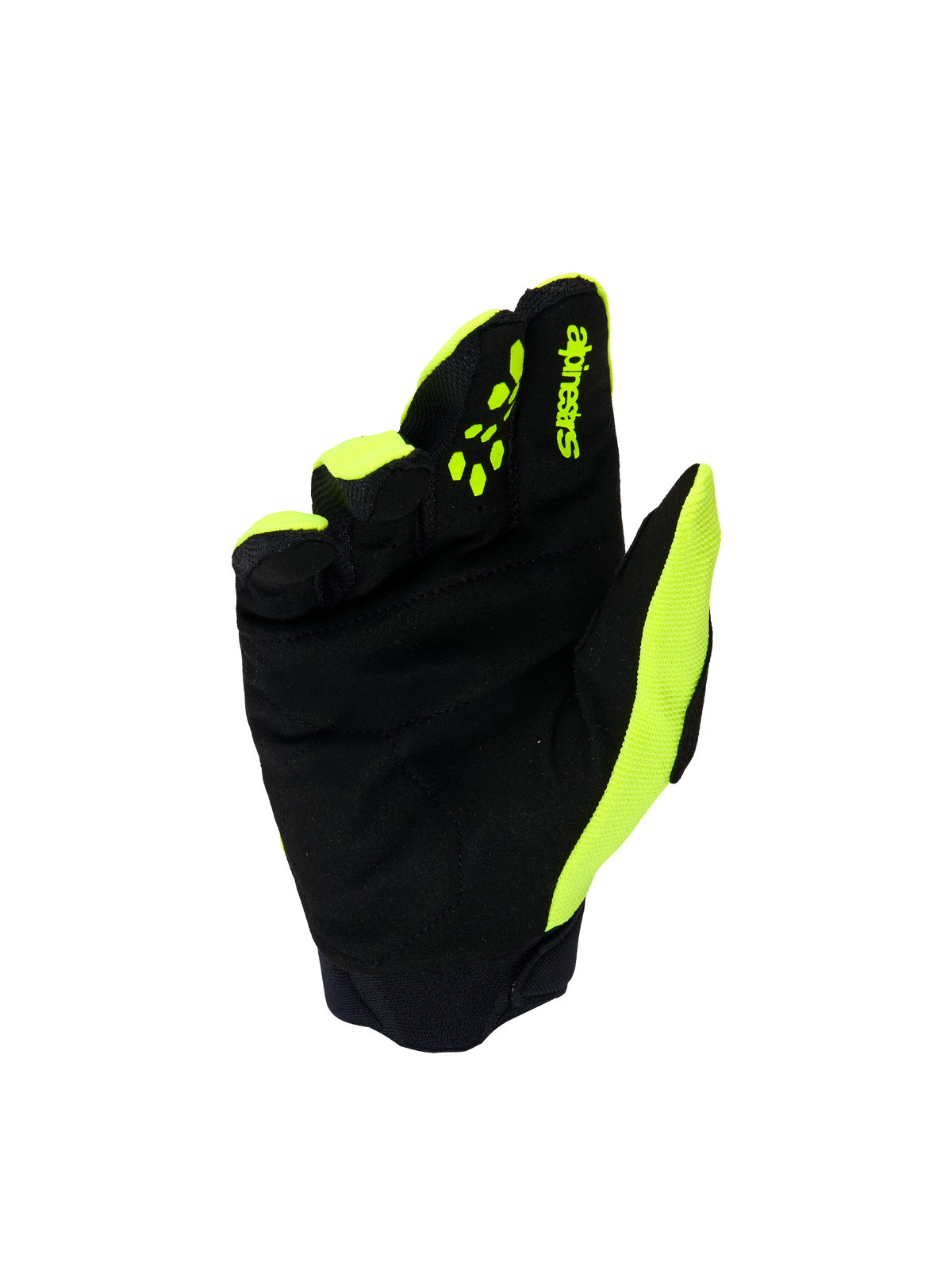 Alpinestars Youth & Kids Full Bore V2 handsker, motocross-handsker, gul fluo og sort, håndfladevisning der viser forstærket syntetisk ruskind, gule silikone-fingergreb til kontrol af greb, Alpinestars-branding, holdbar off-road beskyttelse