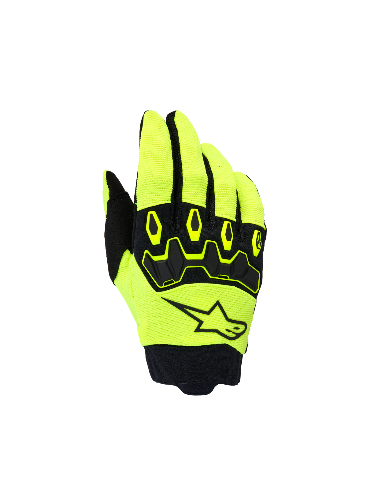 Alpinestars Youth & Kids Full Bore V2 handsker, motocrosshandsker til børn, neongul og sort, visning af håndryggen med sort stjerne-logo og ergonomisk TPR-knobeskytter, sporty design til off-road racing