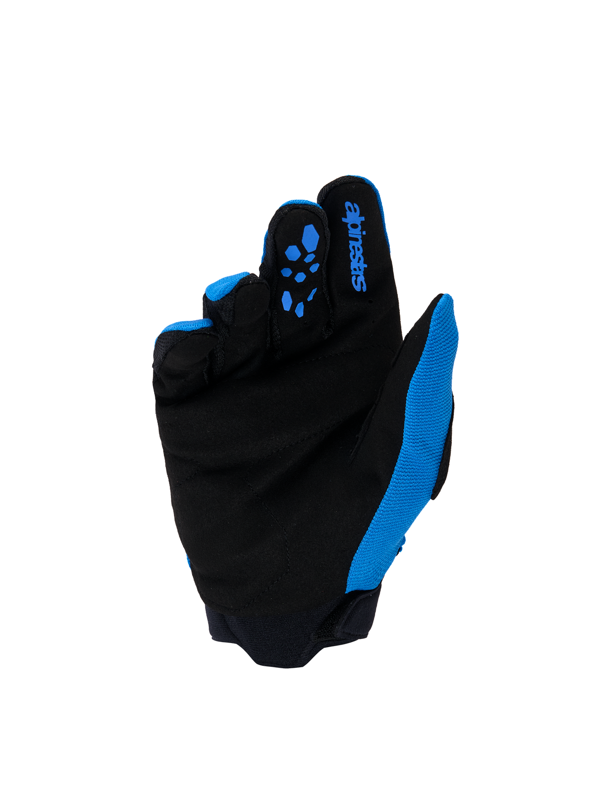 Alpinestars Youth & Kids Full Bore V2 handsker, motocrosshandsker, UCLA blå og sort, håndfladevisning med forstærket sort syntetisk ruskind og blå silikone-gripmønstre på fingrene, blåt Alpinestars-logo på pegefingeren, højtydende off-road-udstyr til unge kørere