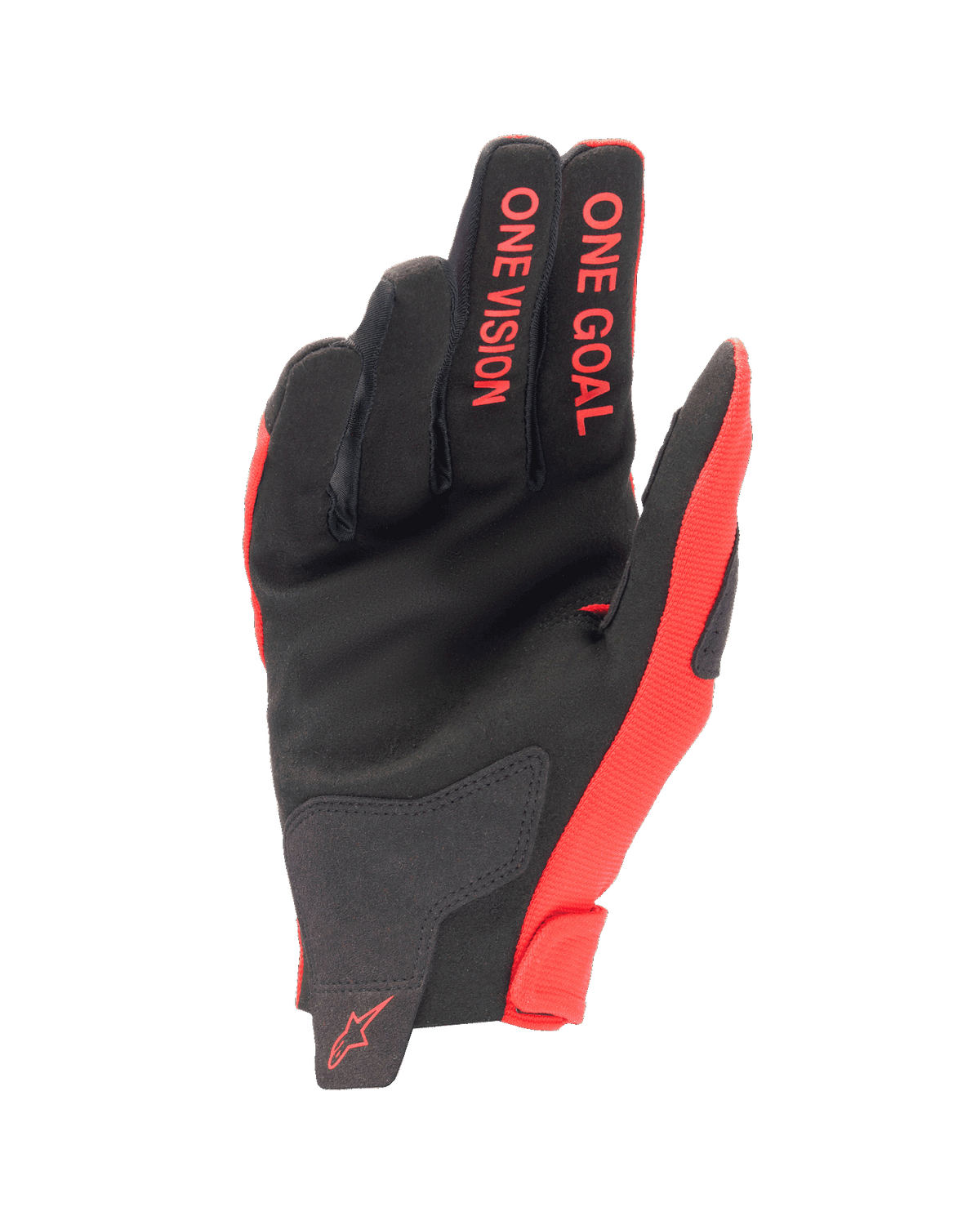 Alpinestars Youth 2024 Radar handsker, motocross-handsker, Mars Red og sort, håndfladevisning med syntetisk ruskindskonstruktion, 'ONE GOAL ONE VISION' tekst på fingrene, letvægts off-road racerudstyr