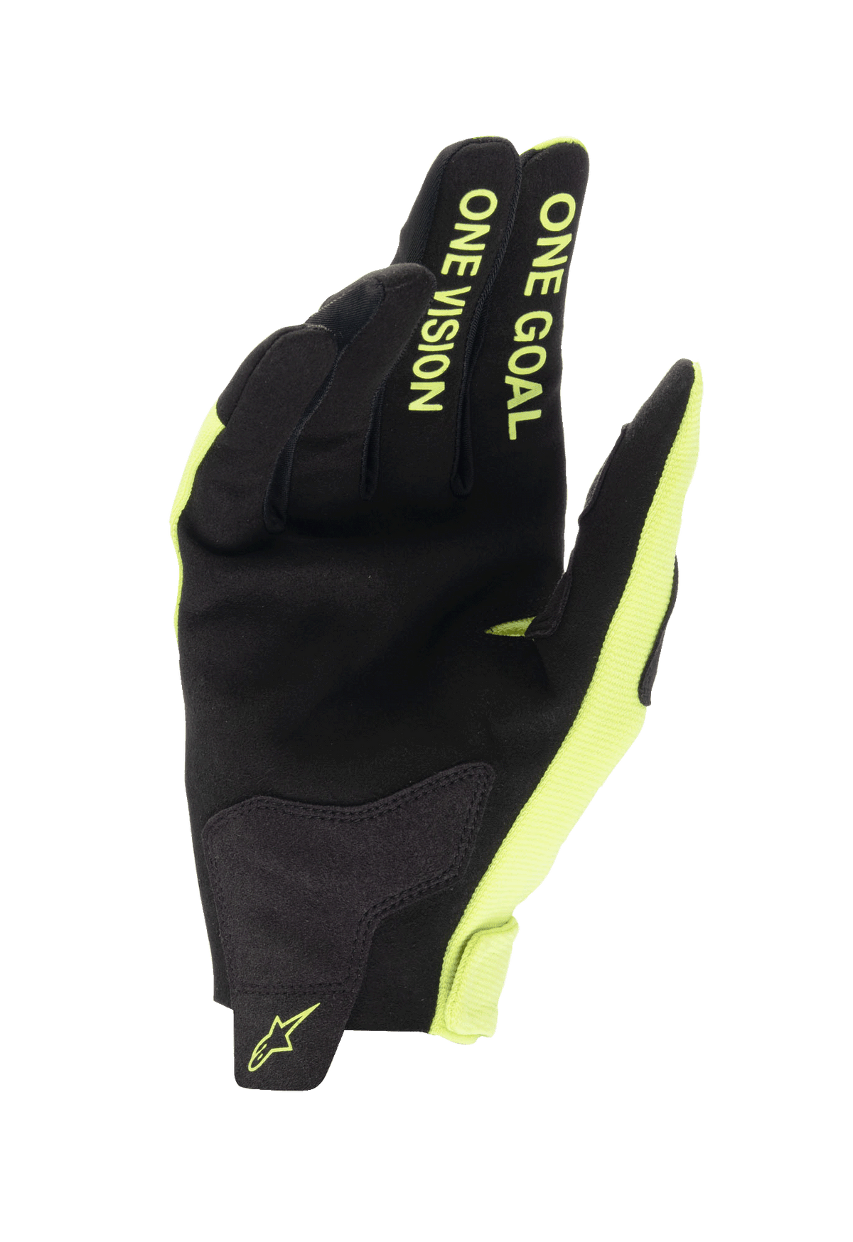 Alpinestars Youth 2024 Radar-handsker, motocross-handsker, sort og gul fluo, visning af håndflade med konstruktion i syntetisk ruskind, "ONE GOAL ONE VISION" tekst på fingrene i fluorescerende gul, holdbart design til off-road racing
