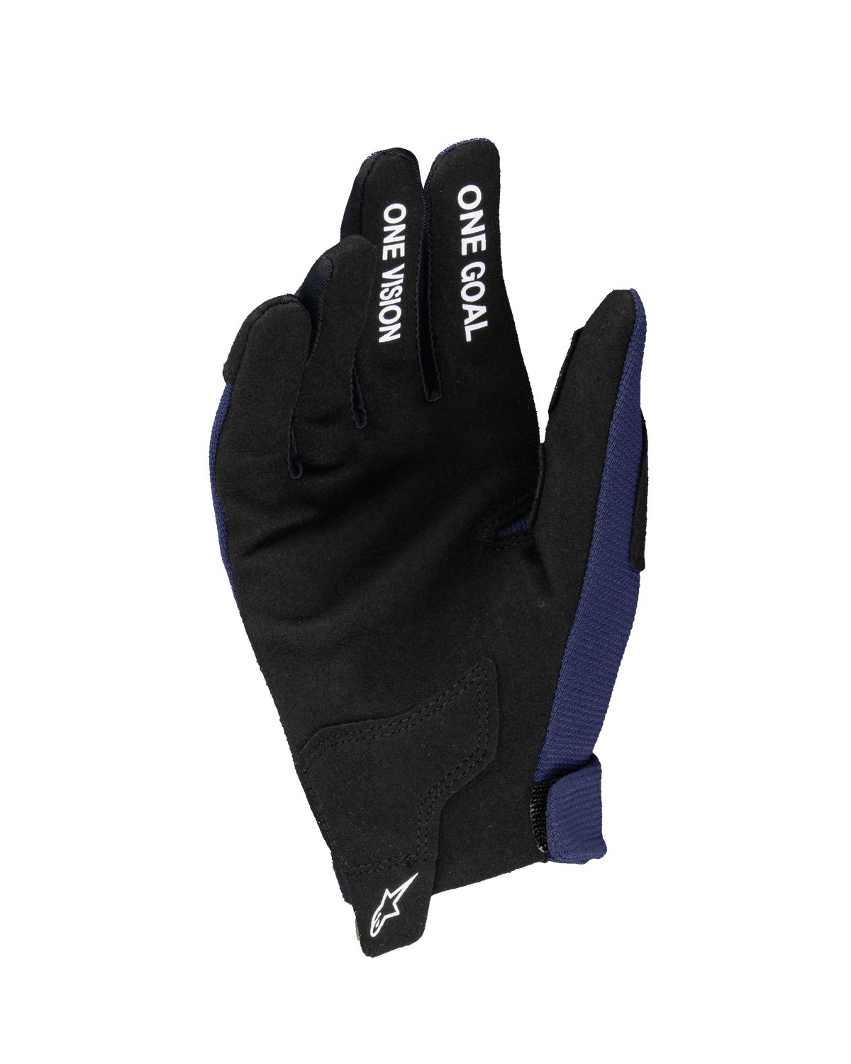 Alpinestars 2025 Youth Radar handsker, motocross-handsker, Night Navy og sort, håndflade i syntetisk ruskind med hvid 'ONE GOAL' og 'ONE VISION' tekst på fingrene, hvidt Astars-logo på håndleddet, enkeltlagskonstruktion til off-road kørsel