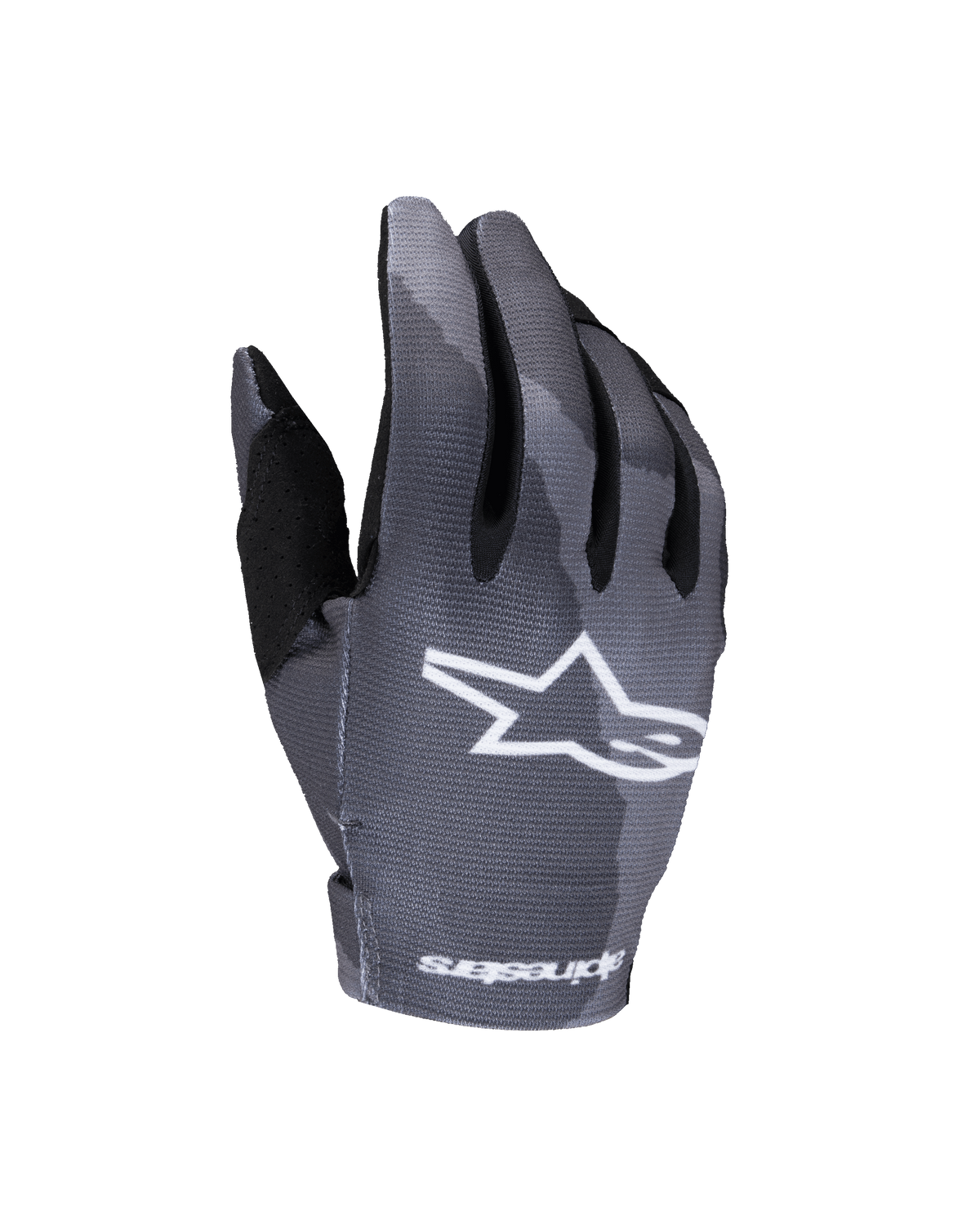 Alpinestars 2025 Youth Radar handsker, motocross-handsker til børn, grå mørk camouflage, hvidt stjernelogo på håndryggen, sublimeret camouflagemønster, sort tommelfingerforstærkning, letvægtskonstruktion til off-road racing