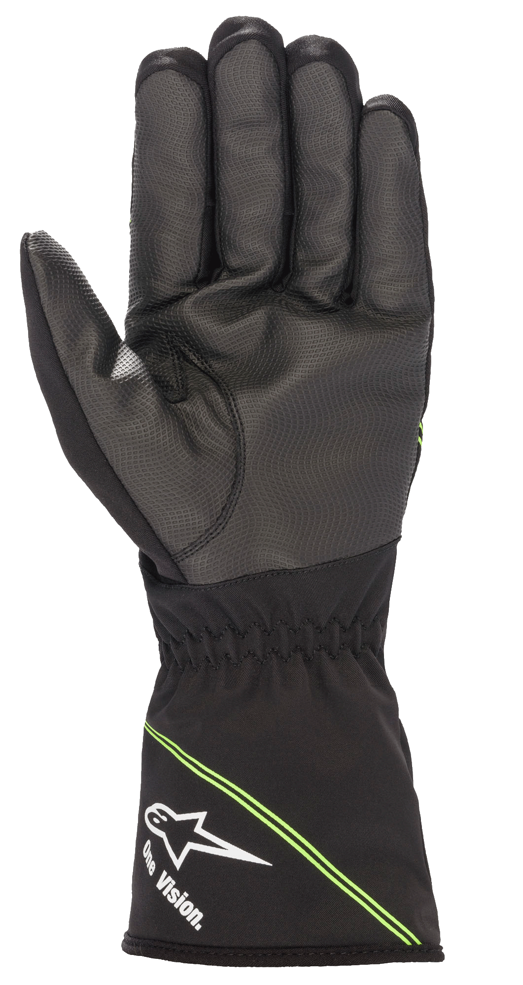 Alpinestars Youth Tempest V2 vandtætte handsker, gokarthandsker, sort med fluorescerende grønne detaljer, håndfladevisning der viser tekstureret gummikomposit for forbedret greb, lang manchet med hvidt Alpinestars-logo og 'One Vision.'-branding, diagonale grønne striber, designet til racerløb i vådt vejr