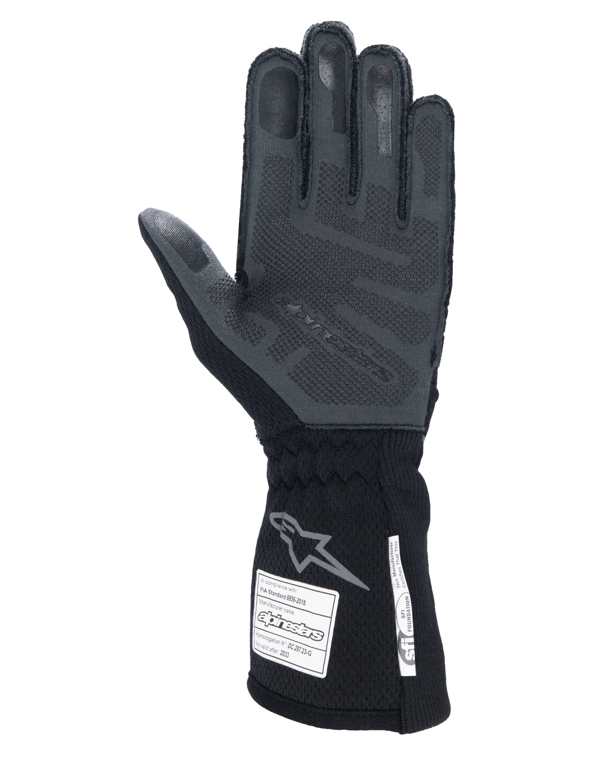 Alpinestars Tech-1 ZX V4 handsker, Black Anthracite, håndfladevisning med tekstureret 3D-silikone-greb, lang manchet med FIA- og SFI-sikkerhedscertificeringsmærkater, professionelle autoracerhandsker
