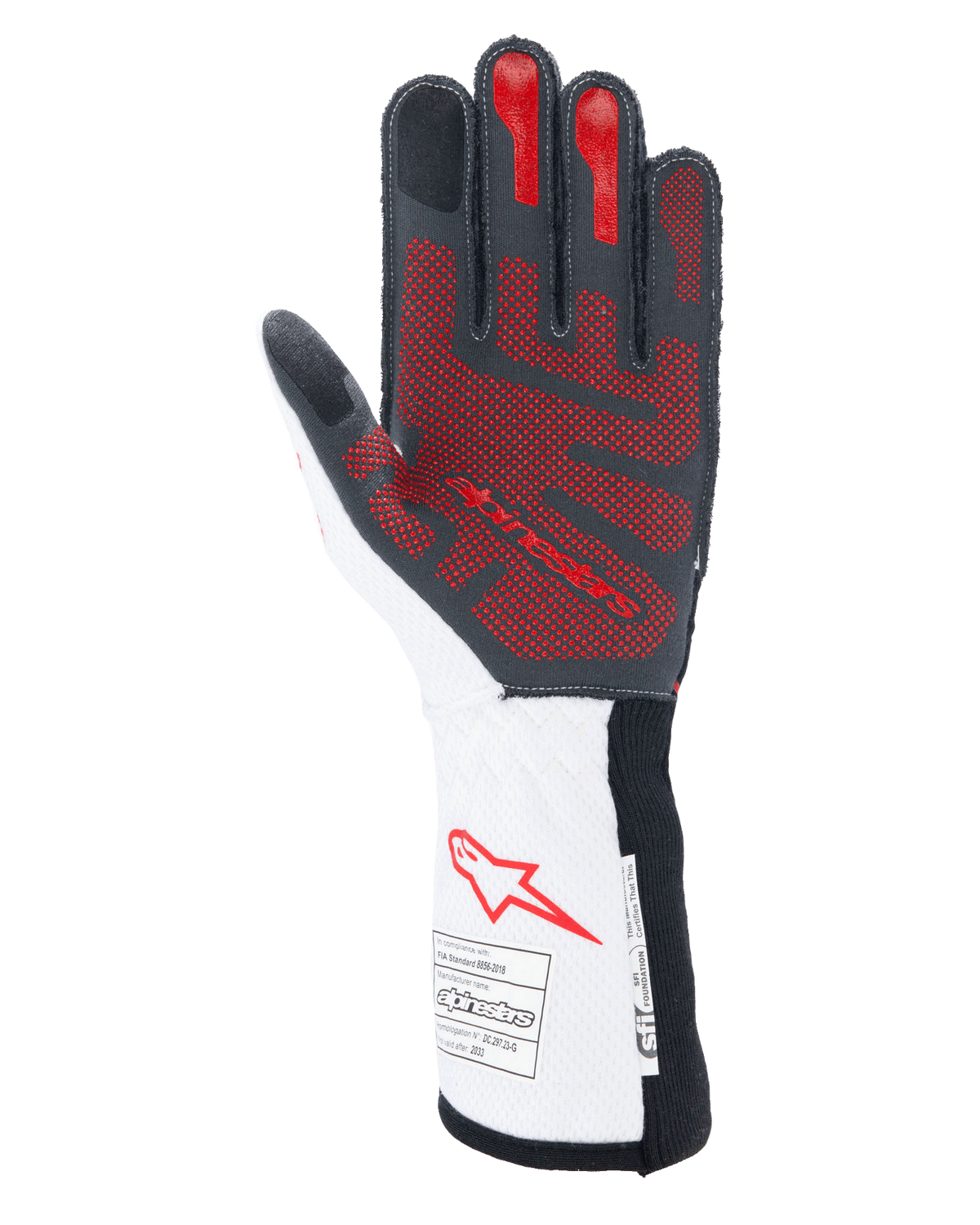 Alpinestars Tech-1 ZX V4 Gloves, Auto Racing Gloves, Black White and Red, palm view featuring a red 3D silicone grip pattern, white gauntlet cuff with red Alpinestars logo and FIA and SFI certification labels