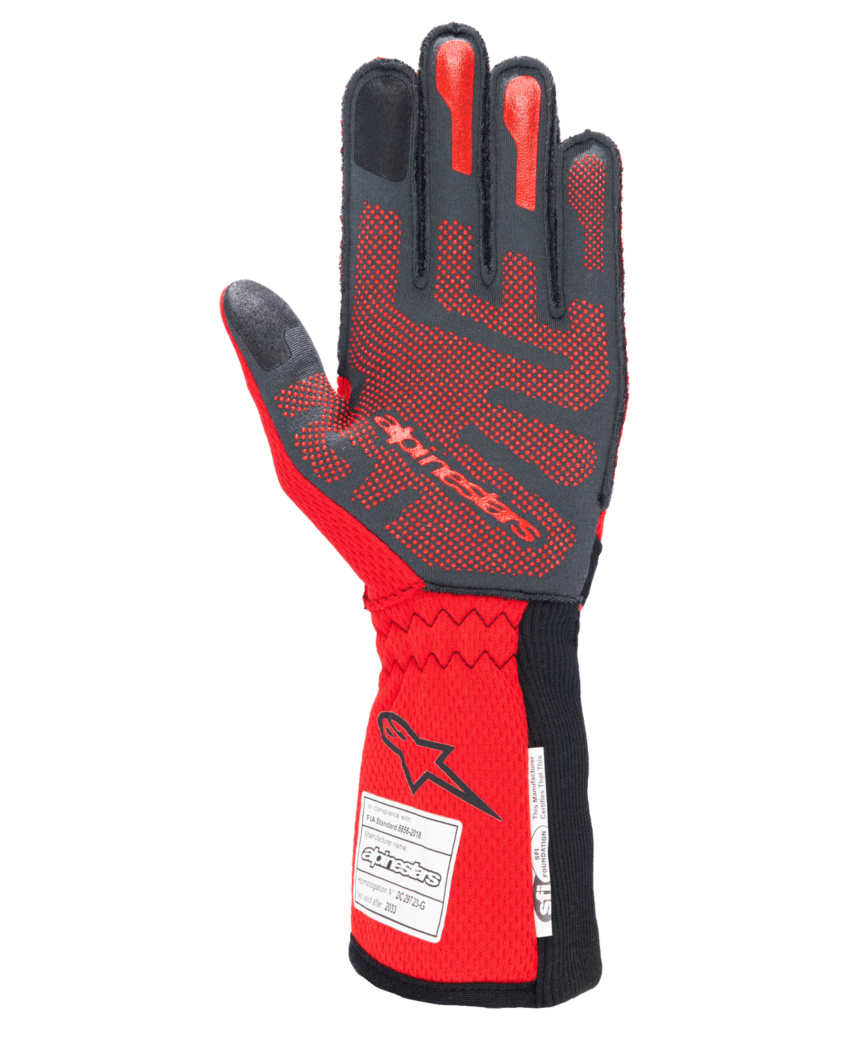 Alpinestars Tech-1 ZX V4 handsker, auto-racing handsker, sort og rød, håndfladen viser rødt 3D-silikonegrebmønster og FIA/SFI-homologeringsmærkater på manchetten, designet til højtydende motorsport