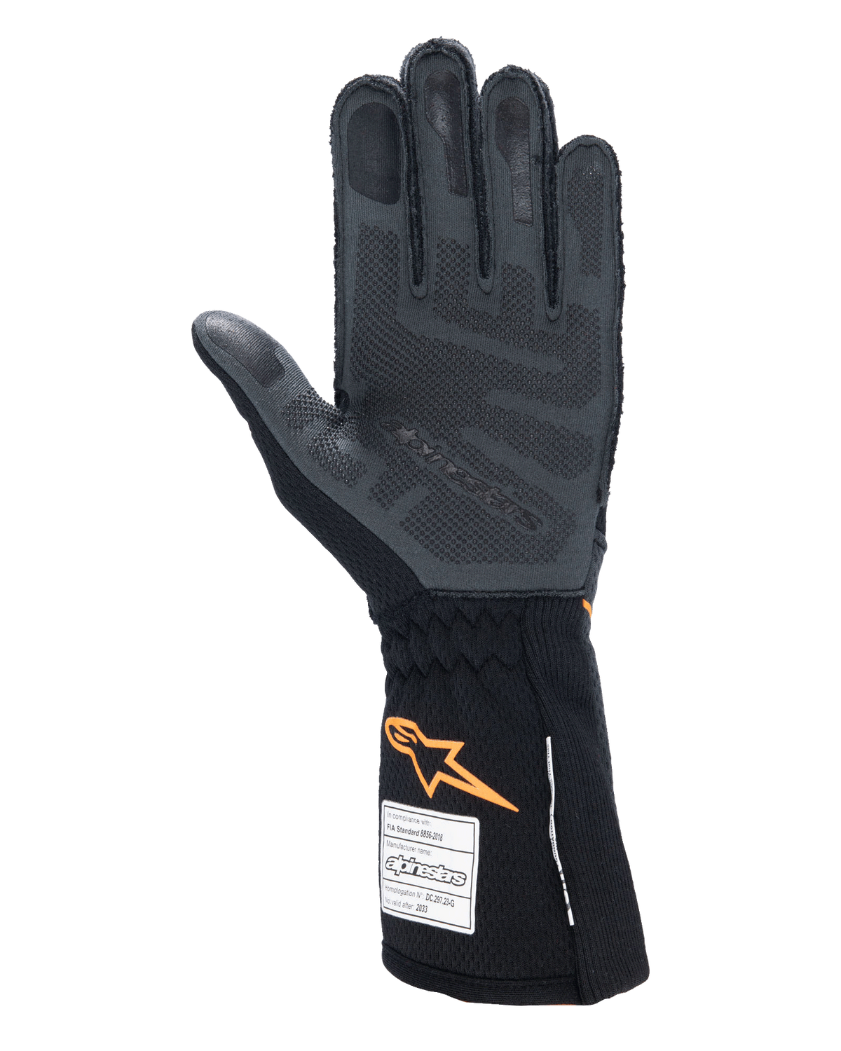 Alpinestars Tech-1 ZX V4 handsker, auto racerhandsker, sort og orange fluo, set fra håndfladen med 3D silikone-grebmønster og honeycomb-tekstur, FIA- og SFI-homologeringsmærkater synlige på manchetten, professionelt motorsportudstyr