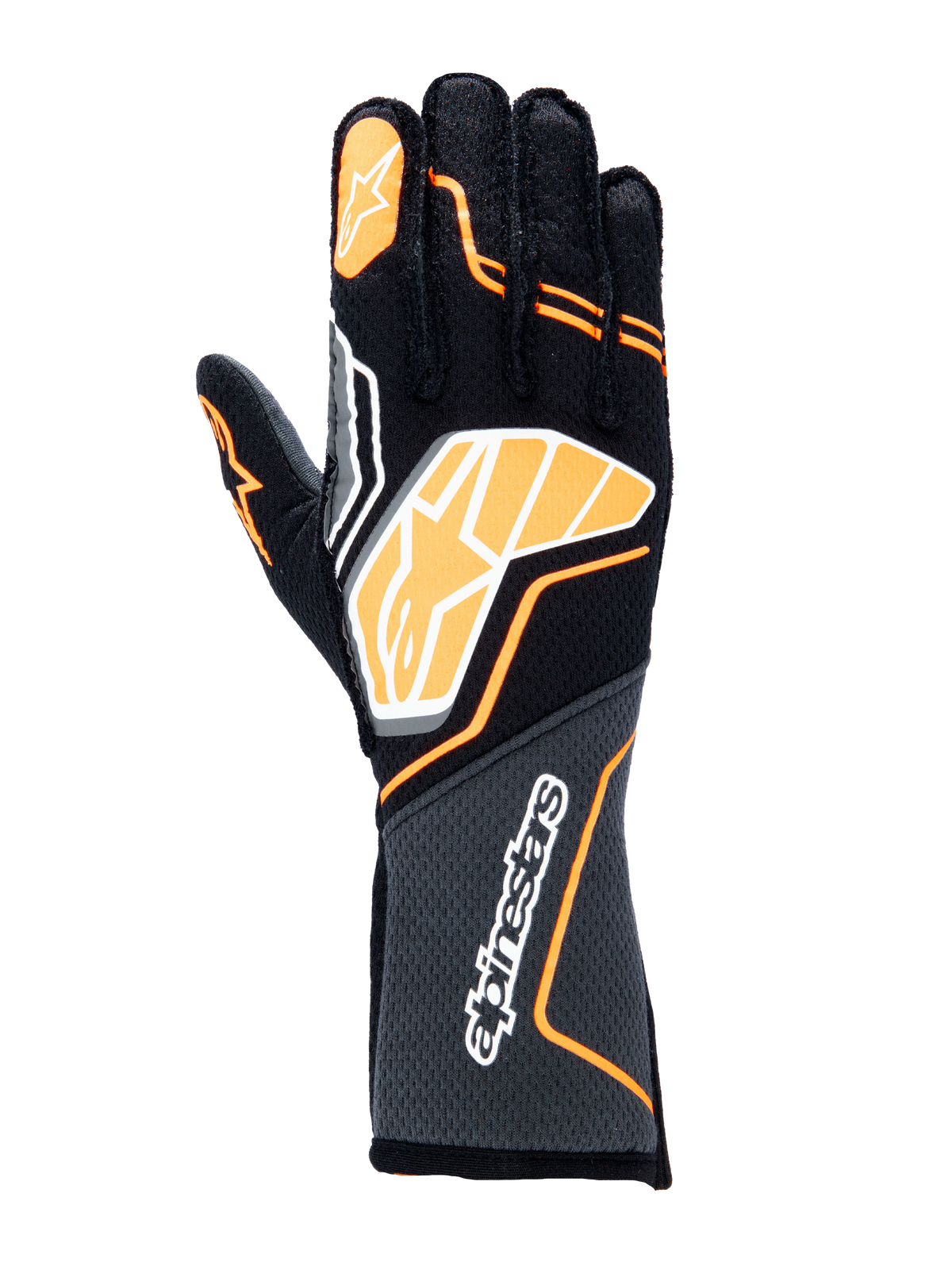 Alpinestars Tech-1 ZX V4 handsker, auto racinghandsker, sort med orange fluo og hvide detaljer, stort grafisk logo på håndryggen, honeycomb-tekstureret stof på manchetten, sporty geometrisk design til professionel racing
