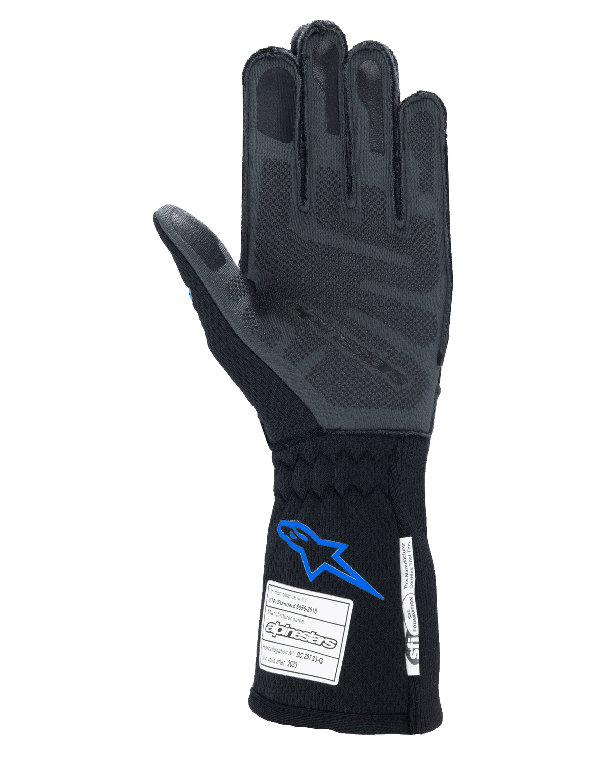 Alpinestars Tech-1 ZX V4 handsker, autohandsker til racing, sort og blå, håndfladevisning med grå 3D-silikonegrebsteknologi, FIA- og SFI-certificeringsmærker på manchetten, professionel motorsportbeskyttelse