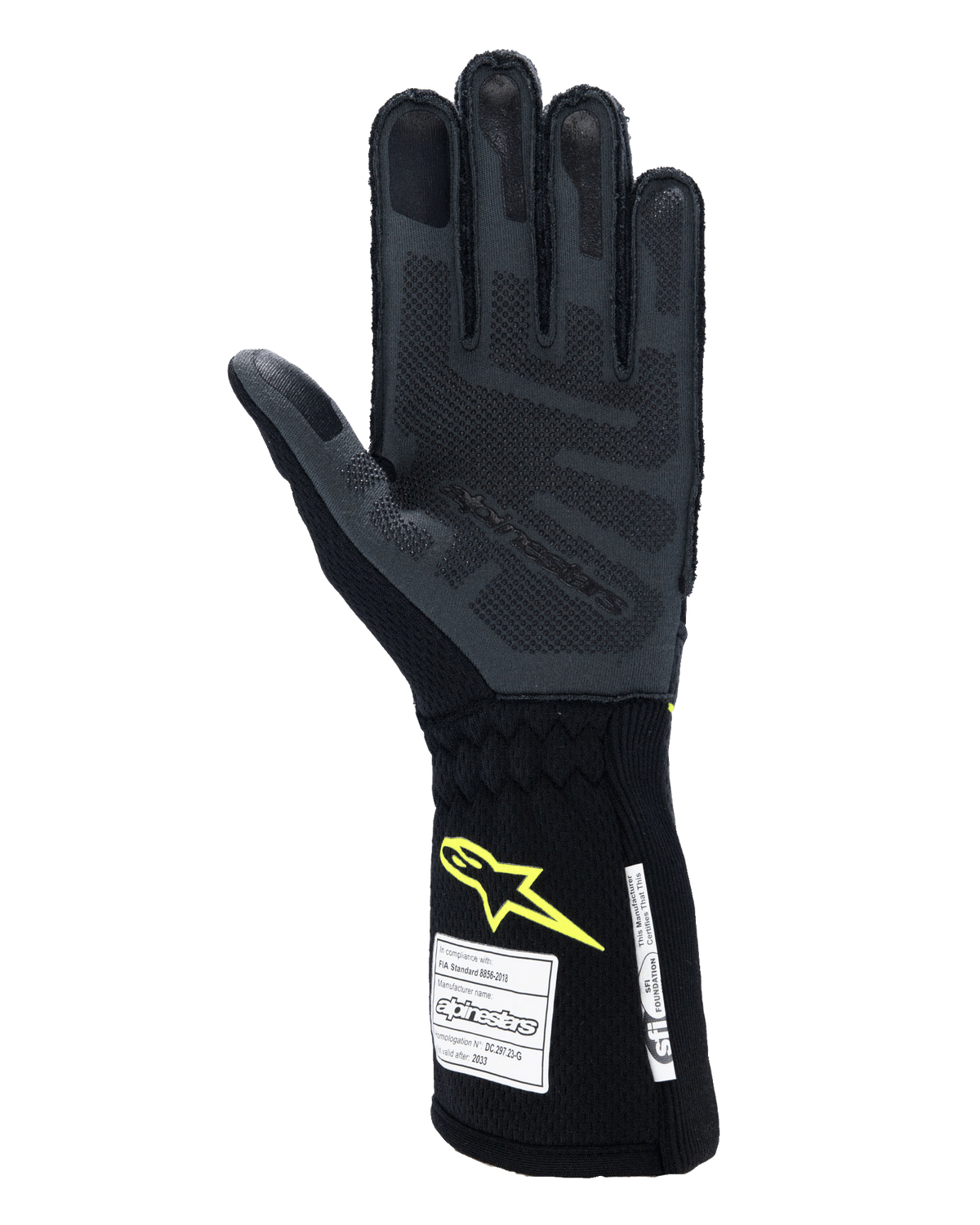 Alpinestars Tech-1 ZX V4-handsker, autoløb-handsker, Tar Gray og sort med gult Fluo-logo, håndfladevisning der viser tekstureret 3D-silikonegreb og FIA/SFI-sikkerhedsmærkater, professionelt motorsportsudstyr