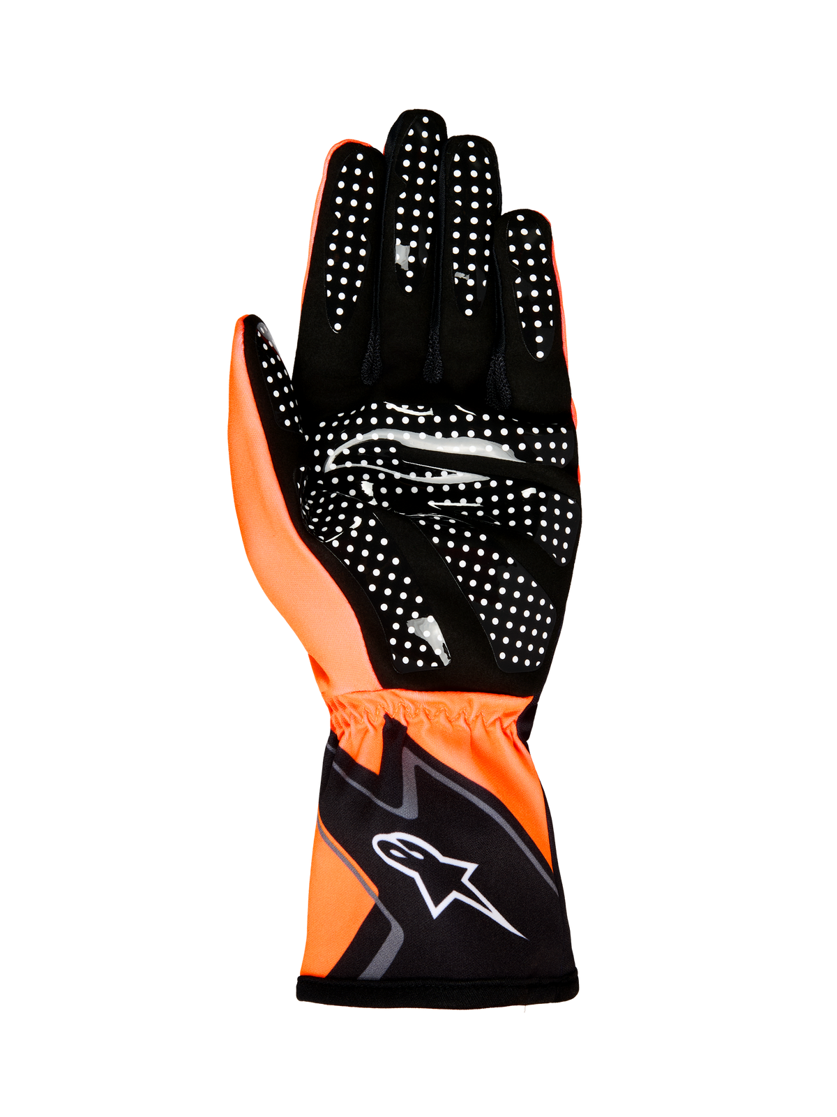 Alpinestars Tech-1 K Race V2 Gloves Graphic 1, Karting Gloves, Orange Fluo and Black, palm view showing white silicone grip pattern and Alpinestars logo on the wrist cuff