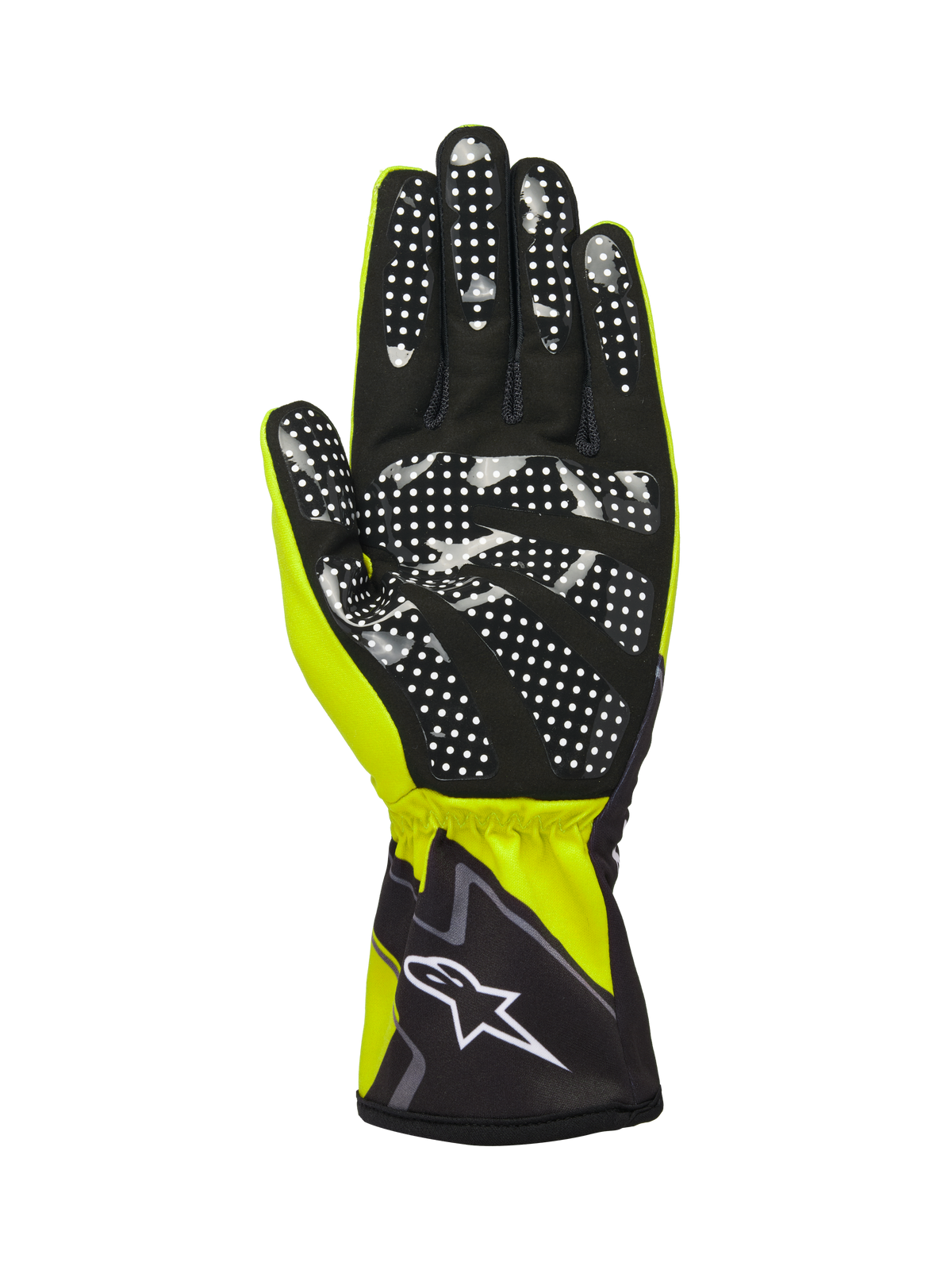 Alpinestars Tech-1 K Race V2 Gloves Graphic 1, Yellow Fluo Black and White, palm side view featuring black synthetic suede with a white silicone dotted grip pattern, elasticated cuff with white Alpinestars logo, high-performance karting glove