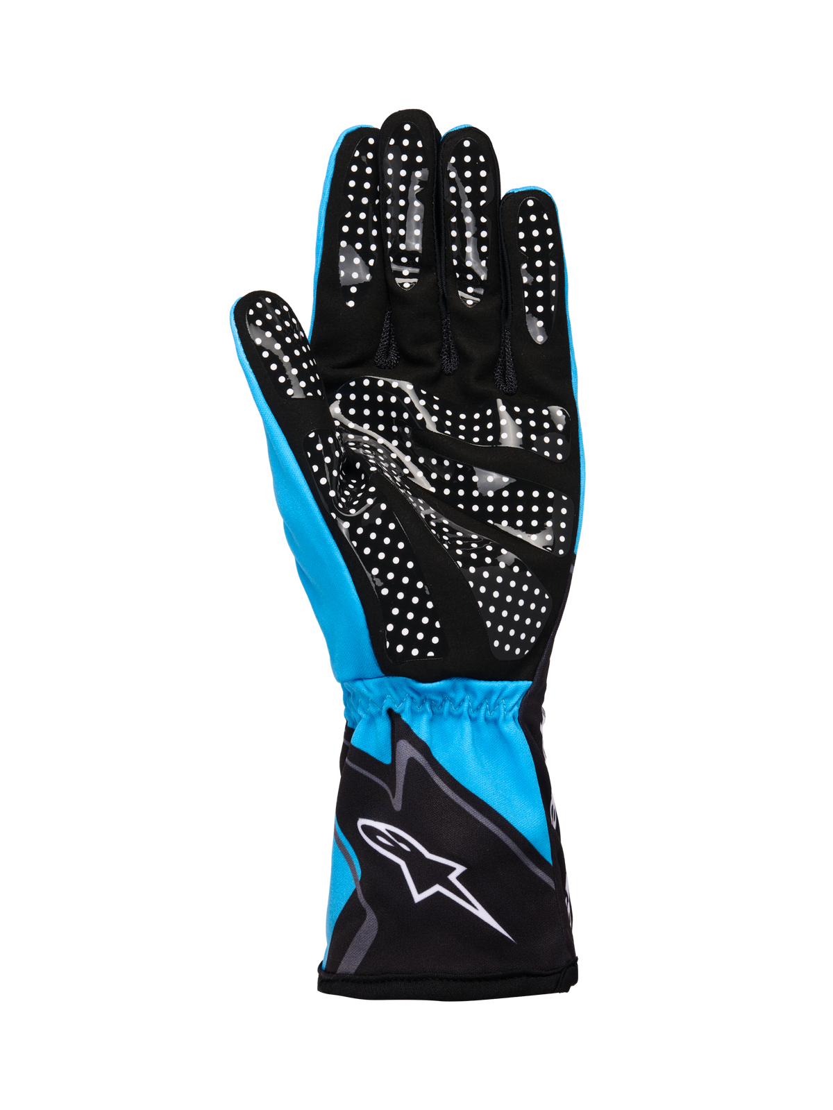 Alpinestars Tech-1 K Race V2 Gloves Graphic 1, Karting Gloves, Cyan Black and White, featuring a synthetic suede palm with white silicone dot pattern for grip, elasticated cuff with white Alpinestars logo, lightweight breathable construction for motorsport