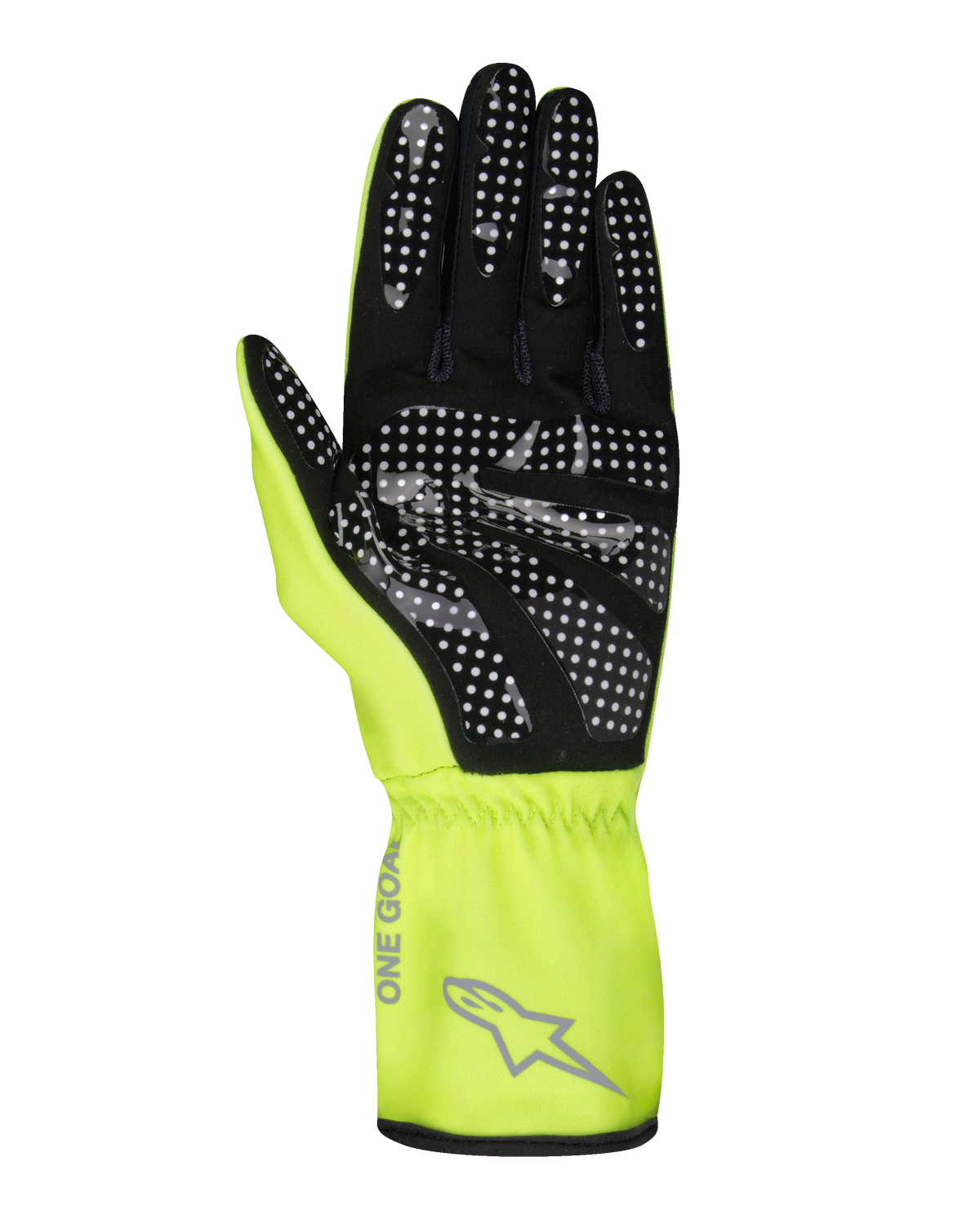 Alpinestars Tech-1 K Race V2 Pure handsker, karthandsker, gul fluo og sort, håndfladevisning der viser hvidprikket silikonegrebmønster, gråt Alpinestars-logo og 'ONE GOAL'-tekst på manchetten, professionelt motorsportudstyr