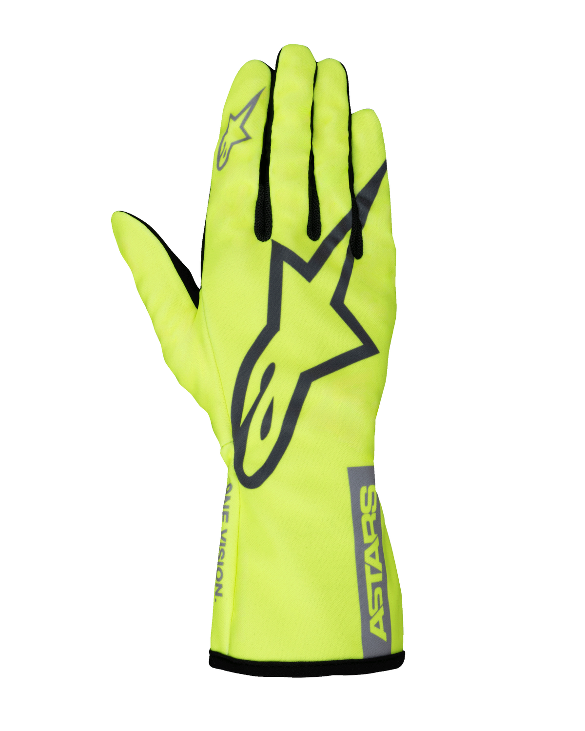 Alpinestars Tech-1 K Race V2 Pure handsker, karting-handsker, neon gul og grå, stort stjernelogo på håndryggen, sorte fingerkiler, letvægts motorsportudstyr med høj synlighed