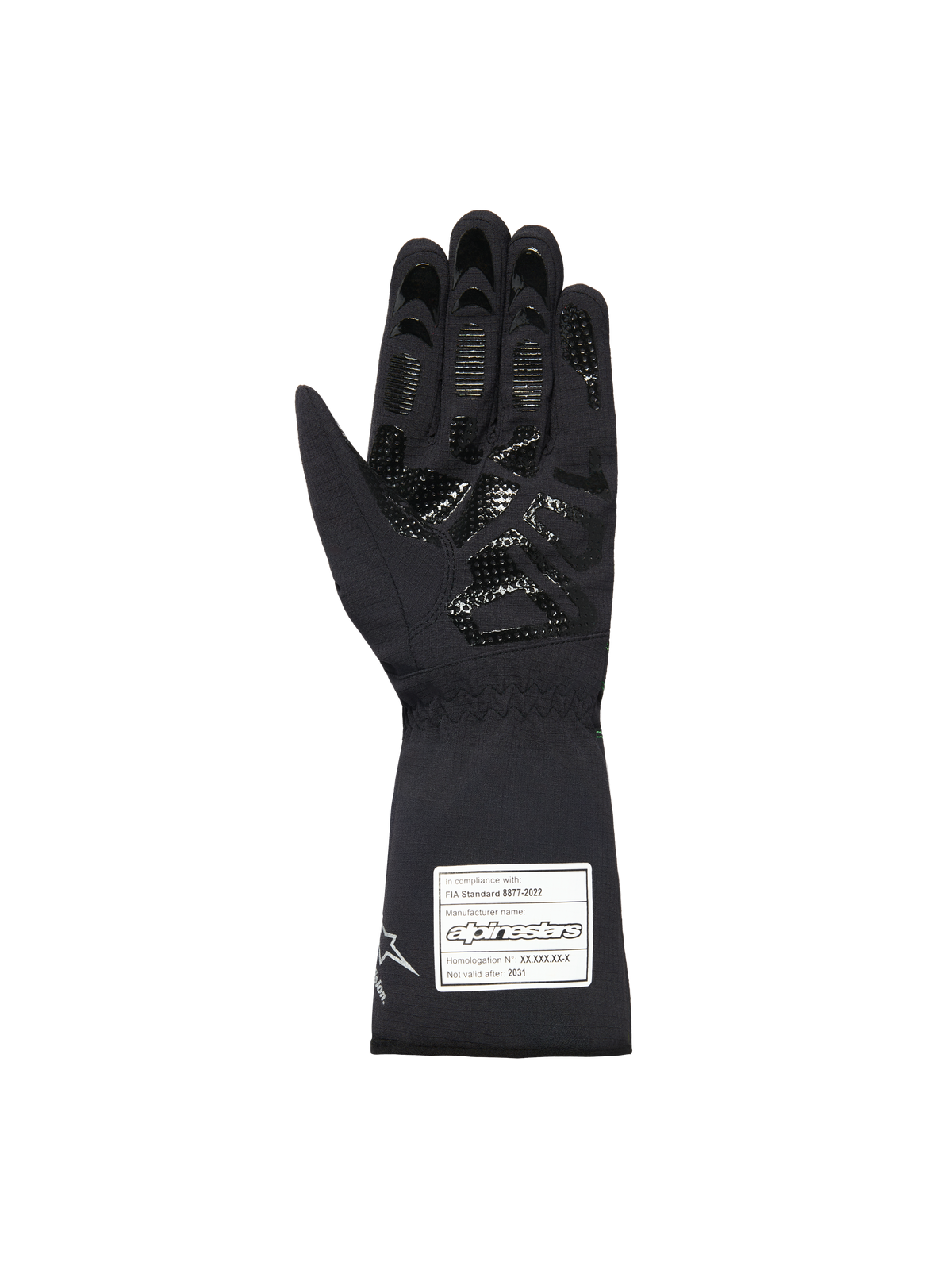 Alpinestars Youth Tempest V3 Waterproof S handsker, sorte kartinghandsker, håndfladevisning der viser tekstureret silikonegreb på fingre og håndflade, lang manchet med hvid FIA 8877-2022 certificeringslabel, vandtæt tekstildesign