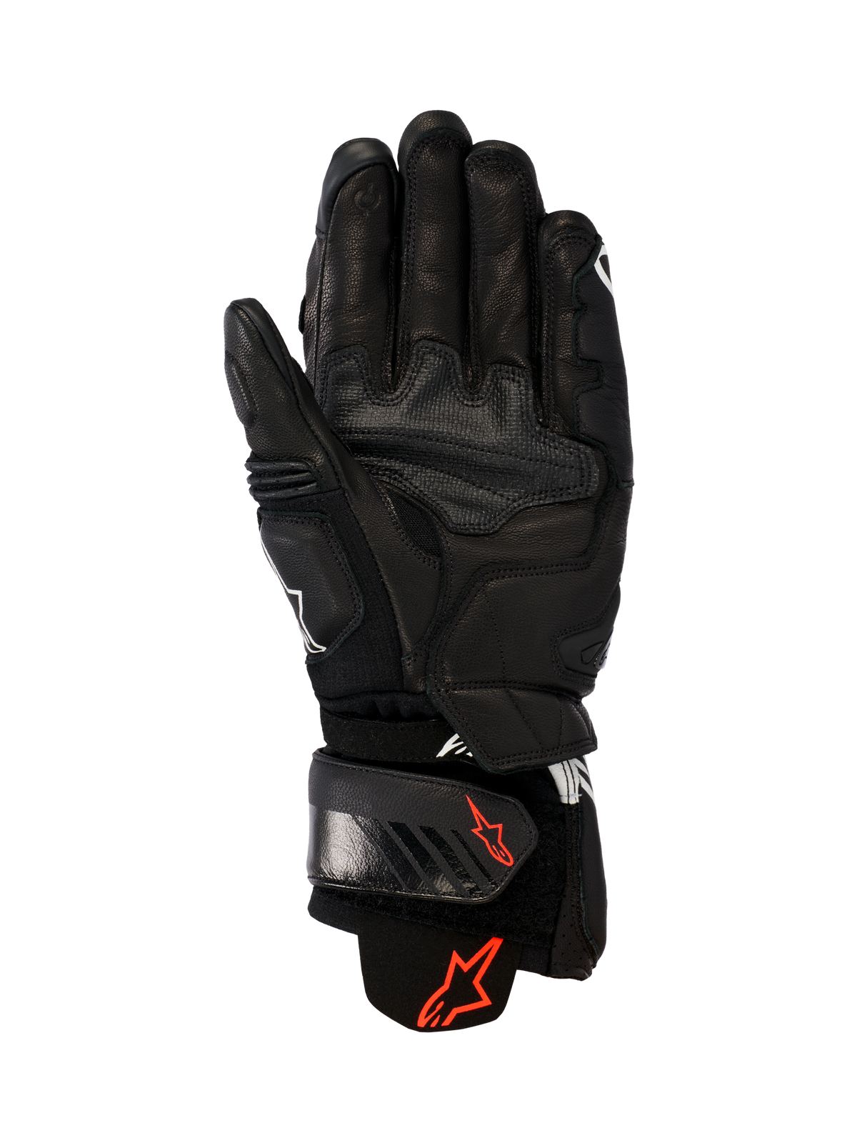 Alpinestars GP Plus R V3 læderhandsker, sort, set fra håndfladen, slidstærk læderkonstruktion, røde Astars-logoer på håndledsrem og manchet, forstærkede gribepaneler, justerbar lukning til racing og sport