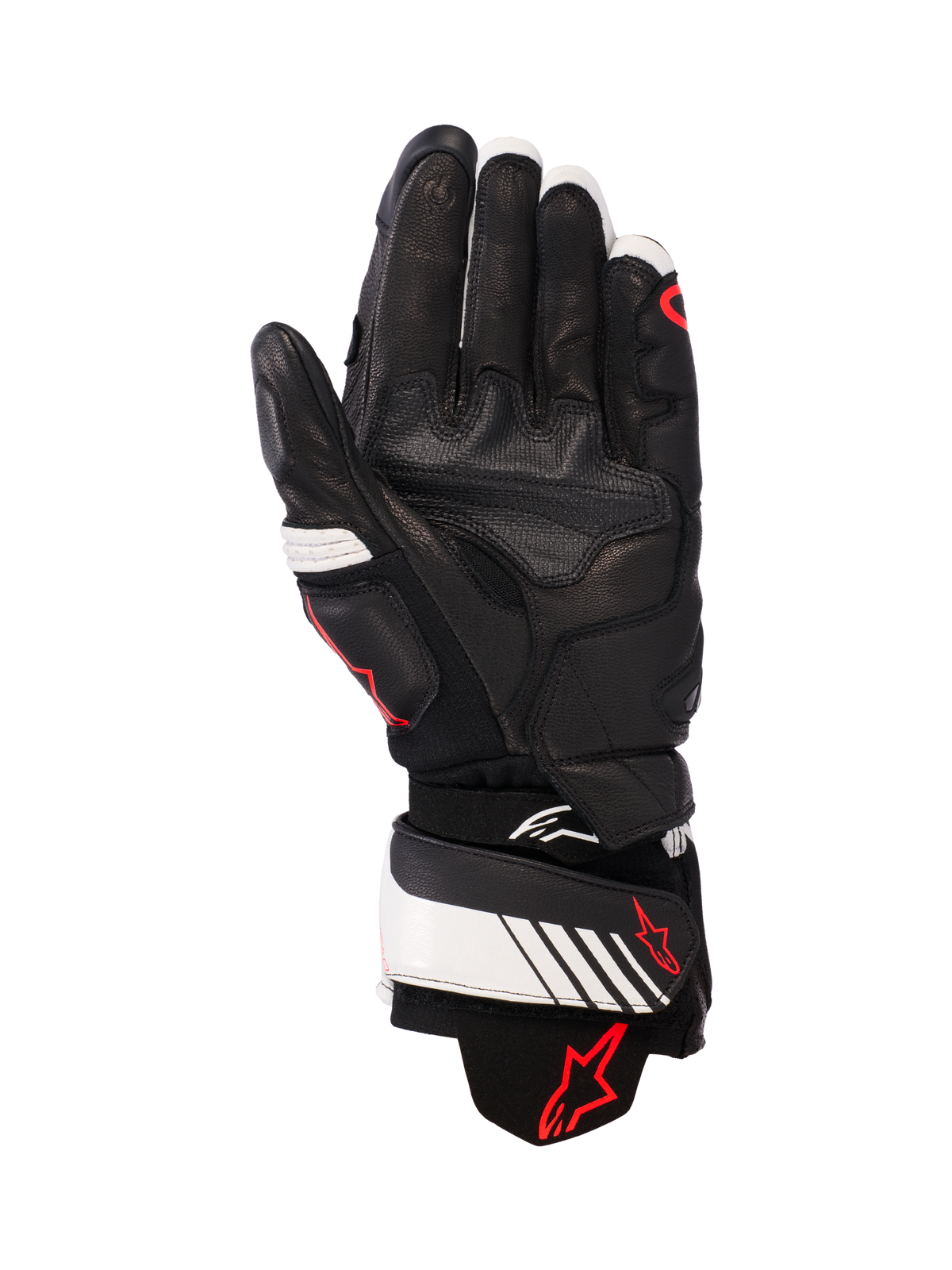 Alpinestars GP Plus R v3 læderhandsker, sort, hvid og rød fluo, håndfladevisning med fuld læderkonstruktion og forstærket polstring, hvid håndledsrem med rødt Alpinestars-logo, racer-inspireret beskyttelsesudstyr til motorcyklister