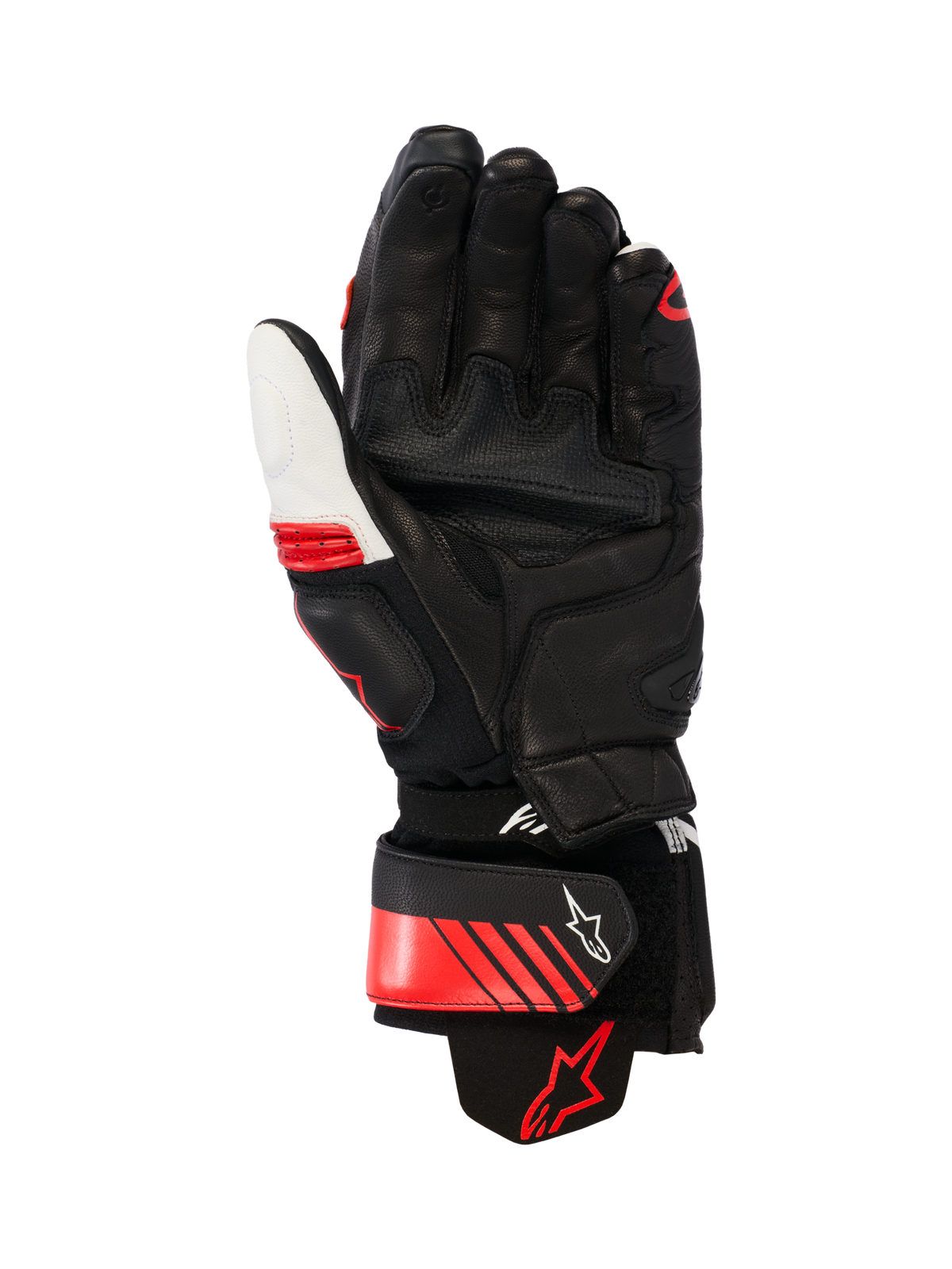 Alpinestars GP Plus R V3 læderhandsker, racing/sport motorcykelhandsker, sort, hvid og stærk rød, håndfladevisning der viser forstærket læderkonstruktion, håndfladeslidere og en aramid-stretchmanchet, med en sikker håndledsrem med Alpinestars-logo og ergonomisk forbuet design