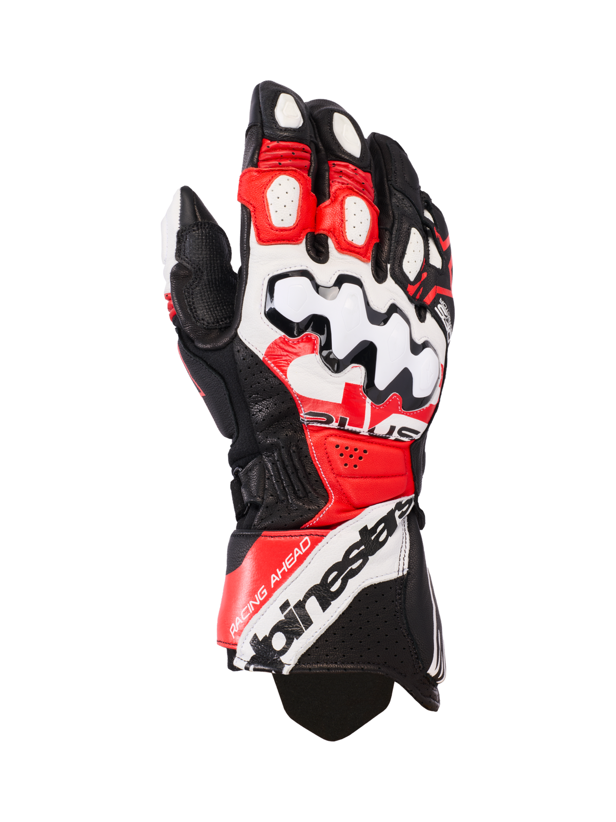 Alpinestars GP Plus R V3 læderhandsker, motorcykelracinghandsker, sort, hvid og klar rød, stor hvid knobeskytter med sort bølgemønster, perforerede læderpaneler til ventilation, Alpinestars-branding på manchetten