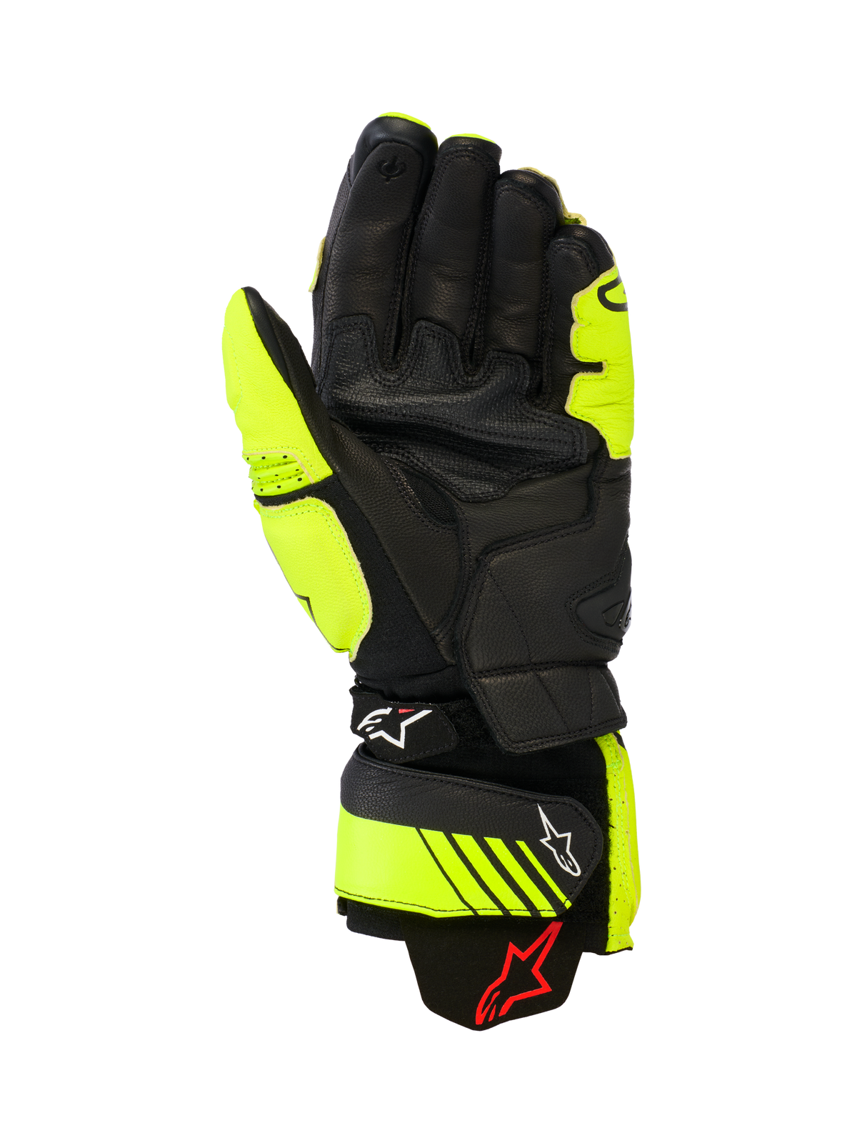 Alpinestars GP Plus R V3 Leather Gloves, Racing and Sport Motorcycle Gloves, Yellow Fluo and Black, palm view showing leather construction, reinforced grip areas, and adjustable cuff straps with Alpinestars branding, high-performance track gear