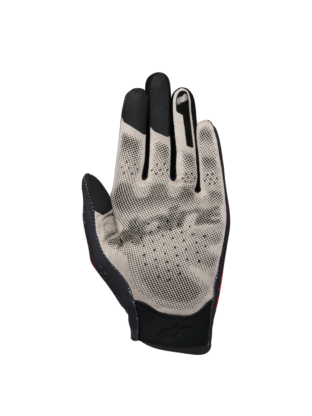 Alpinestars Sim Gloves Graphic 1, SIM racing-handsker, håndfladevisning i lysegrå og sort, med Nanofront-stof, tekstureret 3D-grebsmønster, touchscreen-kompatible fingerspidser og åndbart perforeret design.