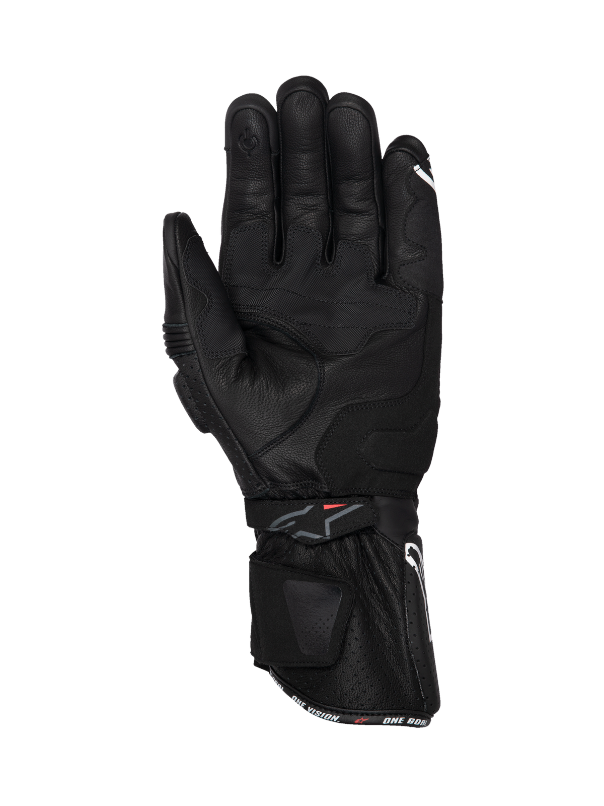 Alpinestars SP-3 motorcykelhandsker, sorte racinghandsker i læder med lang manchet og forstærket greb, set fra håndfladen.