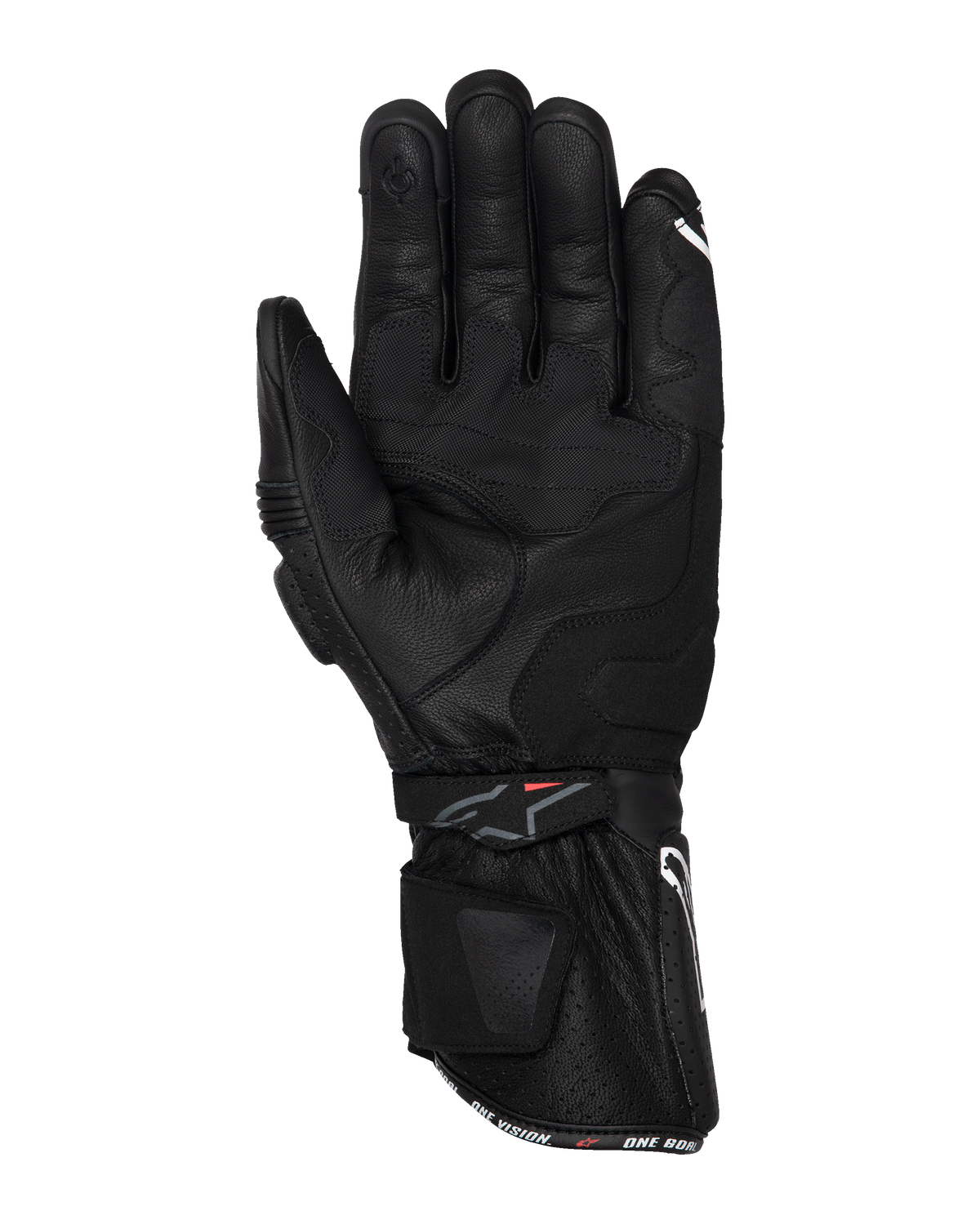 Alpinestars SP-3 handsker, sorte motorcykelhandsker, set fra håndfladen med fuld læderkonstruktion, lang manchet med dobbelt lukkesystem, grebsforstærkninger i håndfladen og touchscreen-kompatibel fingerspids, race-inspireret udstyr til vejkørsel