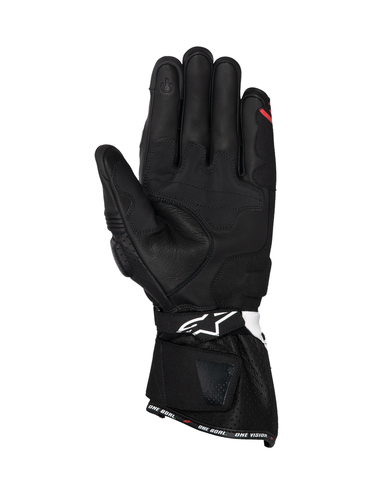 Alpinestars SP-3 herre-motorcykelhandsker, sort læder, hvide og røde detaljer, håndfladevisning og touchscreen-spids.