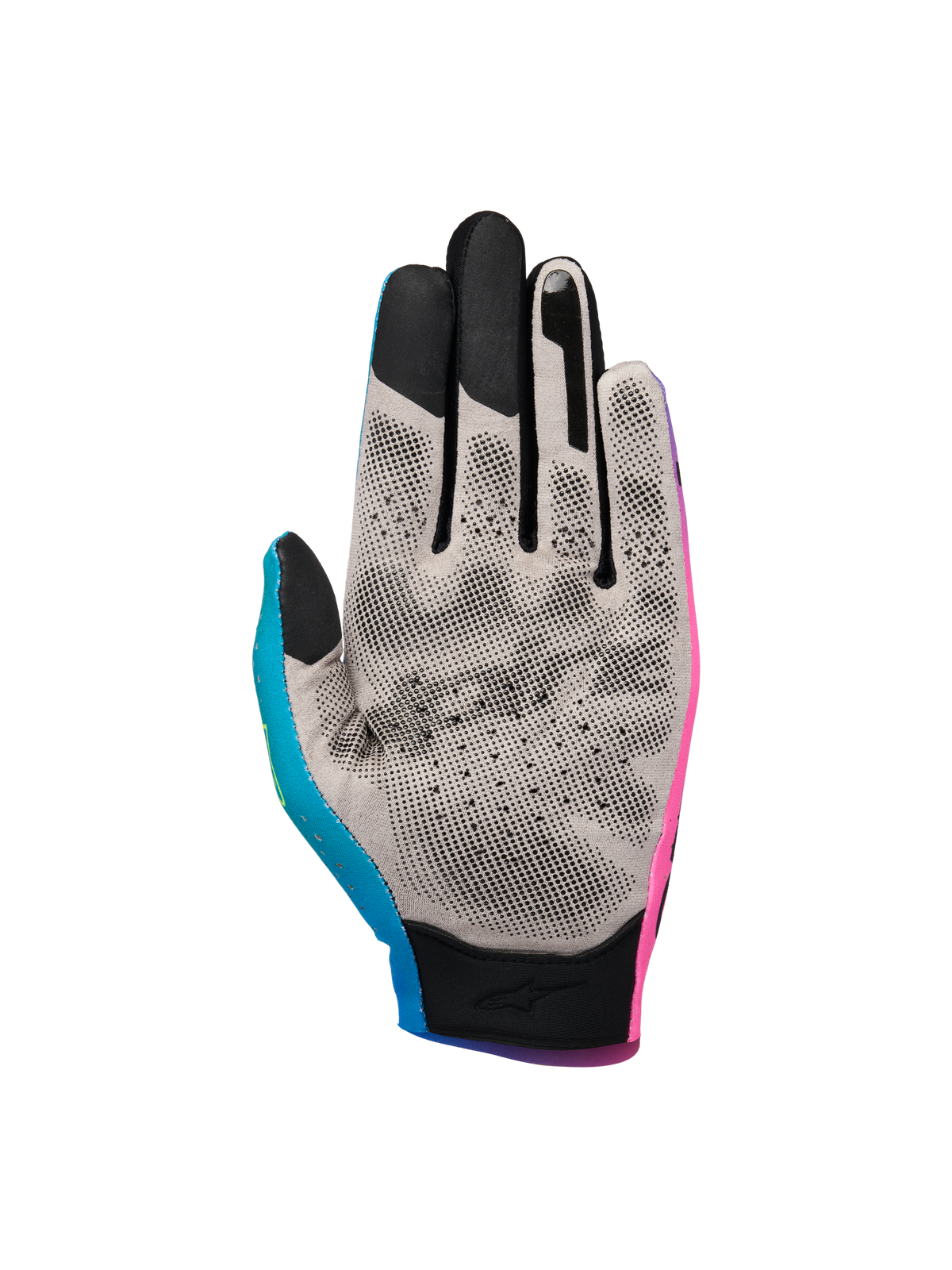 Alpinestars Sim Gloves Graphic 2, SIM-racinghandsker, pink, cyan og sort, håndfladevisning med gråt Nanofront-stof, sort 3D-grebsmønster, touchscreen-kompatible fingerspidser, specialiseret til virtuel racing-ydeevne