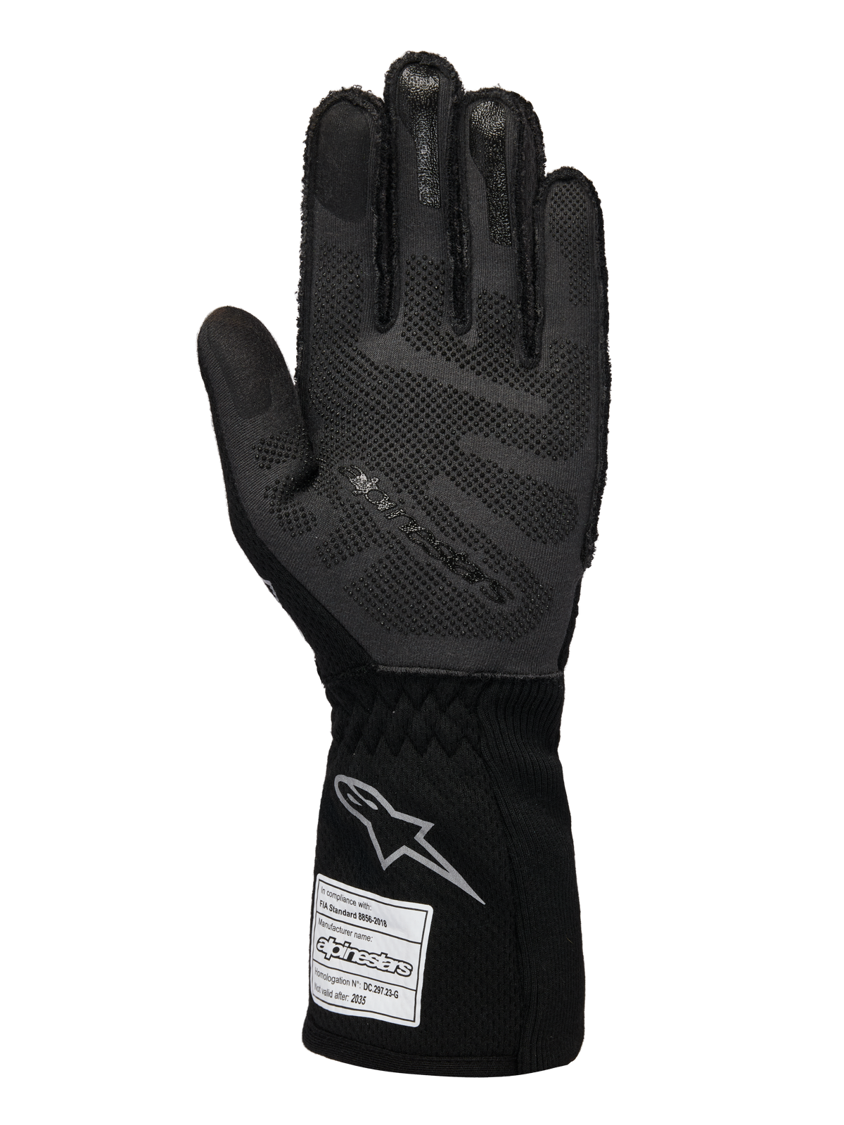 Alpinestars Limited Edition Lamborghini Tech-1 ZX V4 handsker, auto-racing handsker, sort og mørkegrå, håndfladevisning med 3D-silikonegrebteknologi, sølvlogo på manchetten, FIA-homologeringsmærkat, professionelt motorsportudstyr