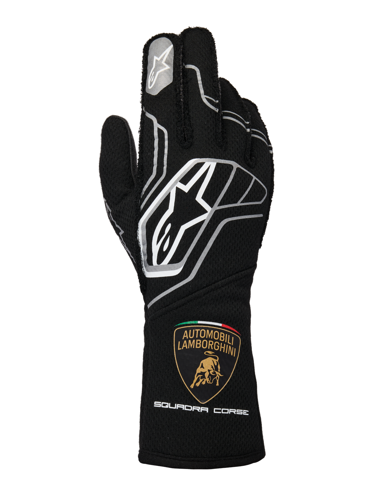 Alpinestars Limited Edition Lamborghini Tech-1 ZX V4 handsker, sorte med mørkegrå og hvide detaljer, med det fremtrædende Alpinestars-logo og Automobili Lamborghini Squadra Corse-skjoldet på manchetten, professionelle FIA-certificerede racerhandsker