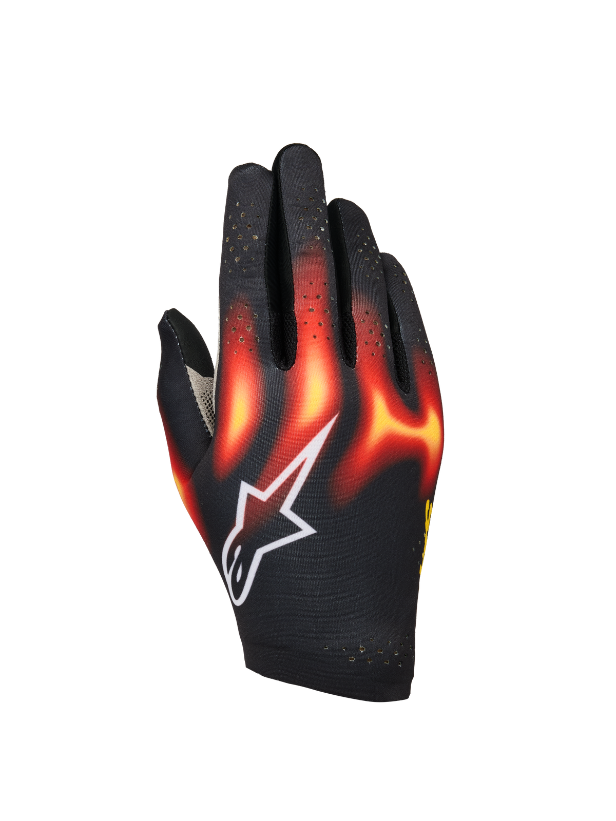 Alpinestars Sim Gloves Graphic 3, Sim Racing Gloves, Black with Bright Red and Warm Yellow flame graphics, white star logo, perforated fingers for ventilation, lightweight and flexible construction for virtual racing