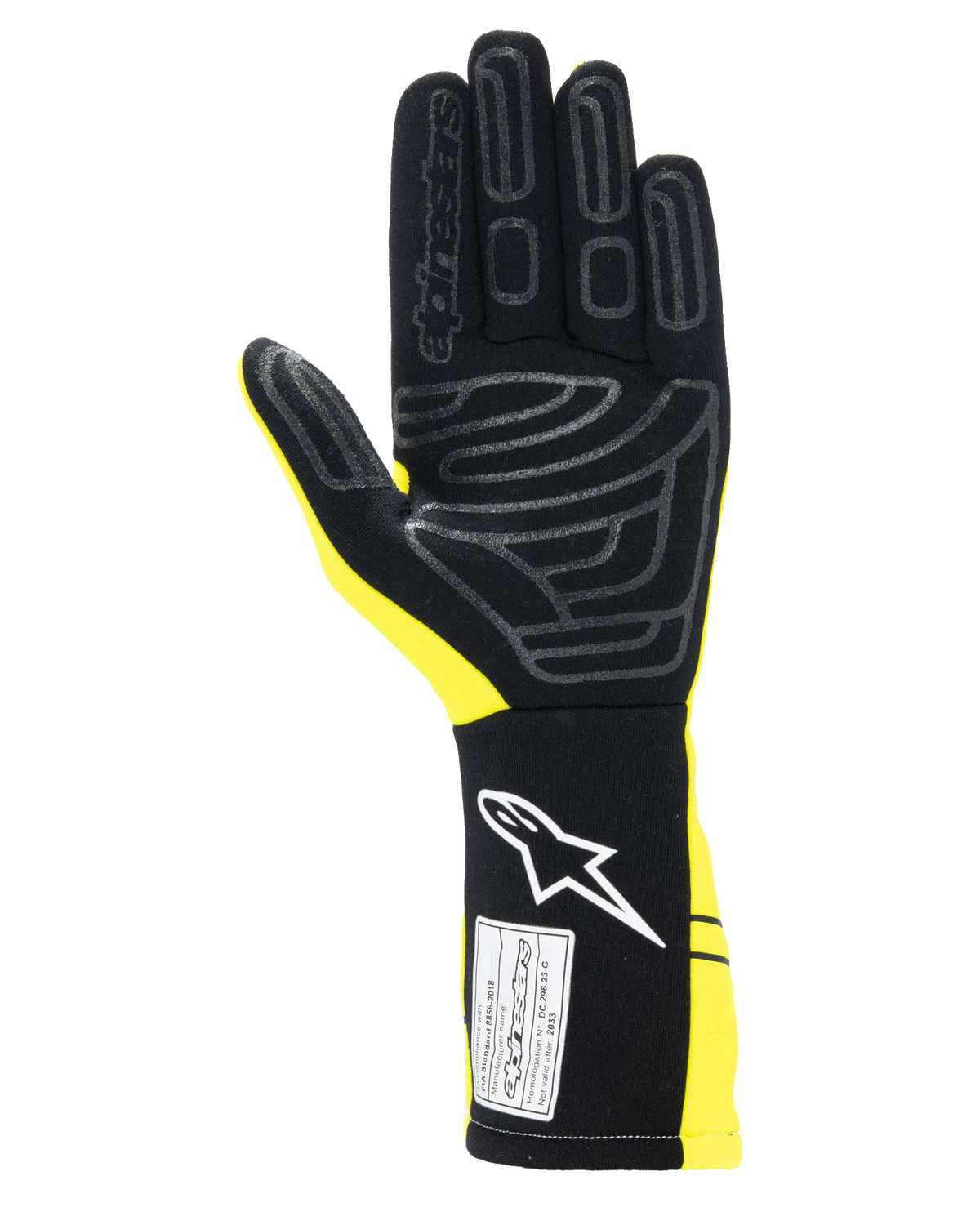 Alpinestars Tech-1 Start V4 handsker FIA, bilsportshandsker, gul fluo og sort, set fra håndfladen med silikonegreb-mønstre, forlænget manchet med hvidt logo og FIA-certificeringslabel