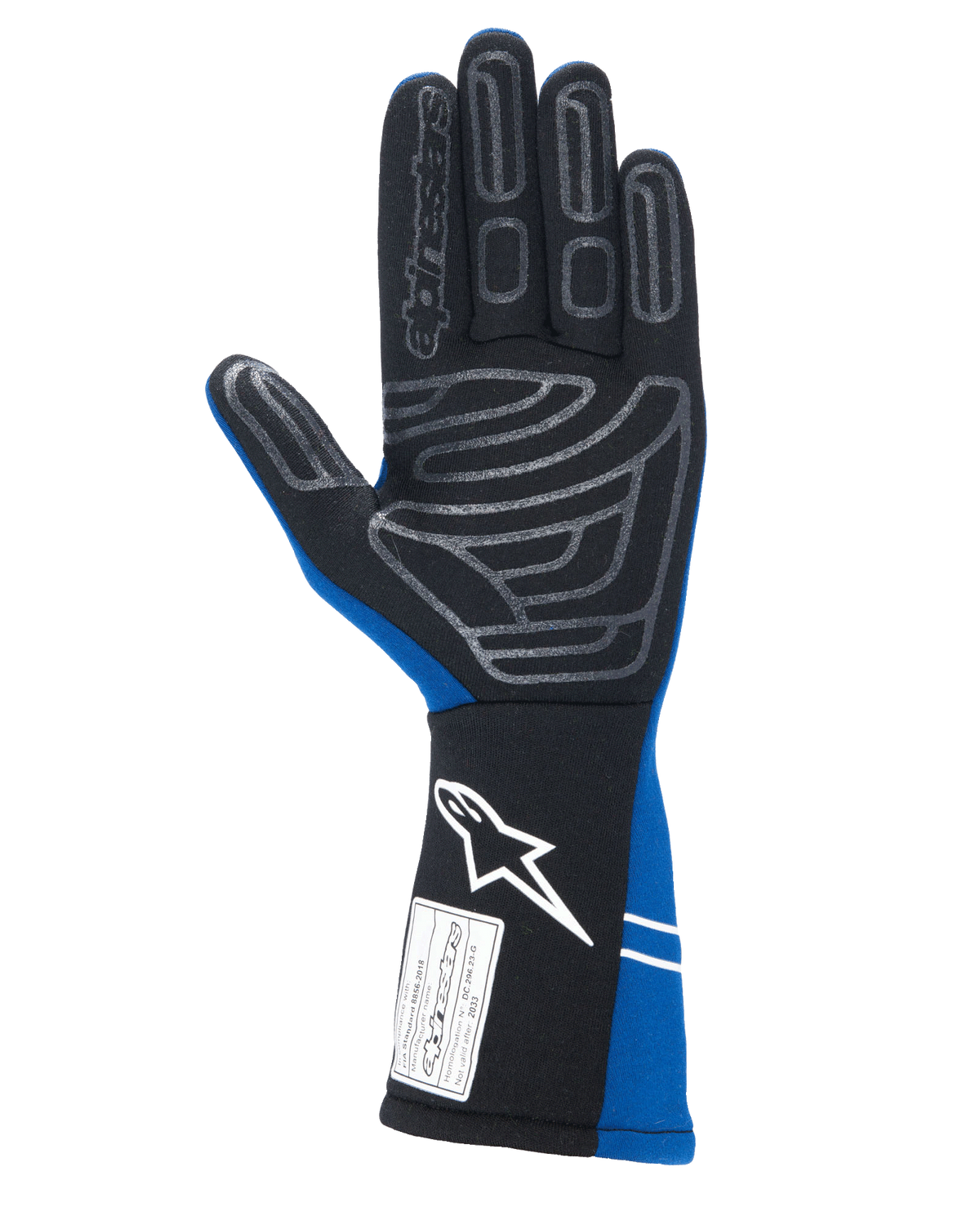 Alpinestars Tech-1 Start V4 FIA handsker, auto racerhandsker, Royal Blue og sort, set fra håndfladen med gråt silikone-grebsmønster på fingre og håndflade, forlænget manchet med hvidt logo og FIA-homologeringslabel