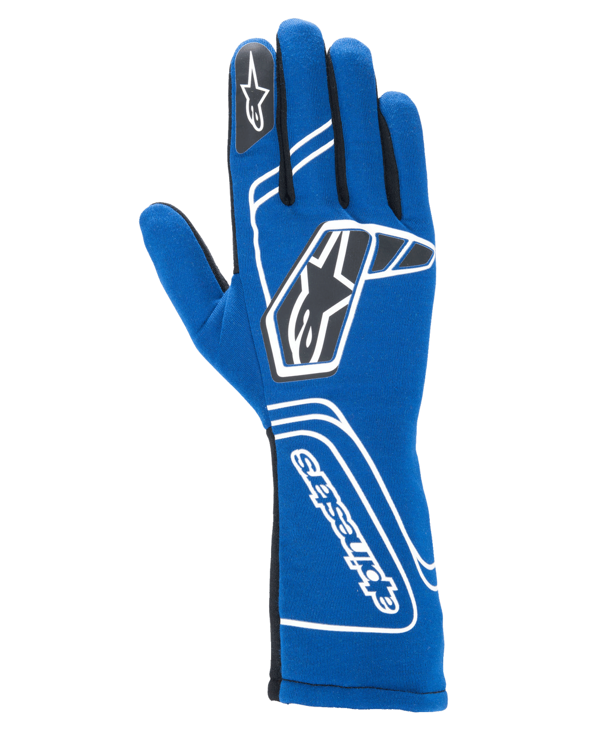 Alpinestars Tech-1 Start V4 handsker FIA, racinghandsker til bilsport, kongeblå med hvid geometrisk grafik og sorte stjernelogoer, forlænget manchet med lodret Alpinestars-tekst, sømløst design for letvægtsperformance, FIA-certificeret professionelt racingudstyr