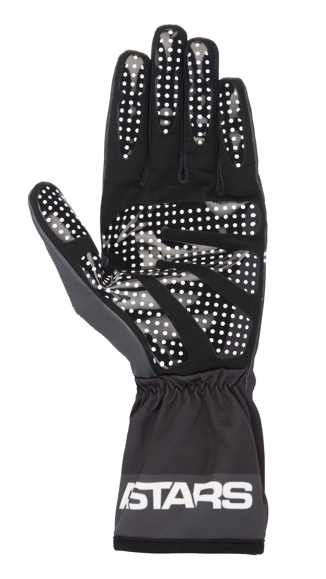 Alpinestars Tech-1 K Race V2 One Vision-handsker, sort og Tar Gray, håndfladevisning med hvidt silikone-prikket grebsmønster, elastisk manchet med ASTARS-logo, letvægts karting-udstyr