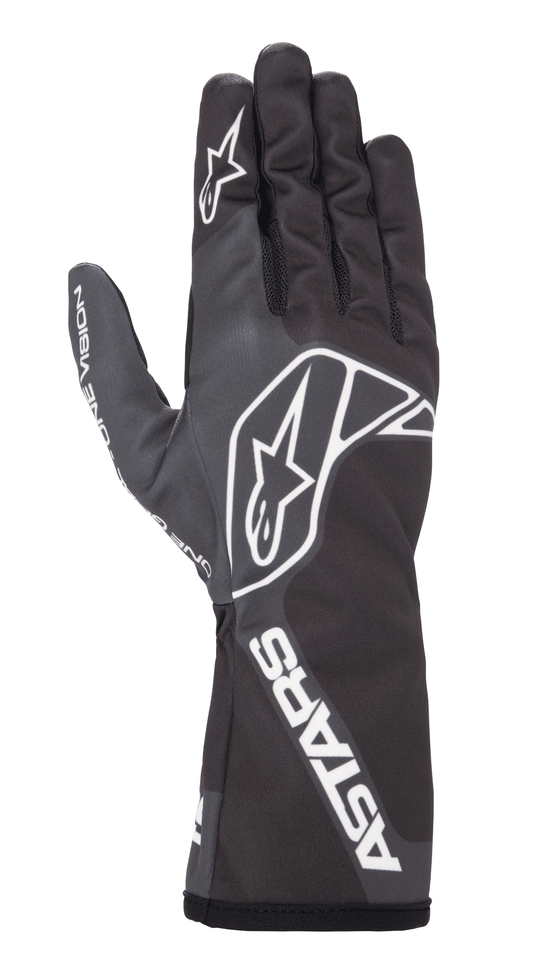 Alpinestars Tech-1 K Race V2 One Vision handsker, karting racinghandsker, sort og koksgrå, med hvidt stjernelogo på håndryggen og fingeren, ASTARS-branding på manchetten, strømlinet design med lang manchet
