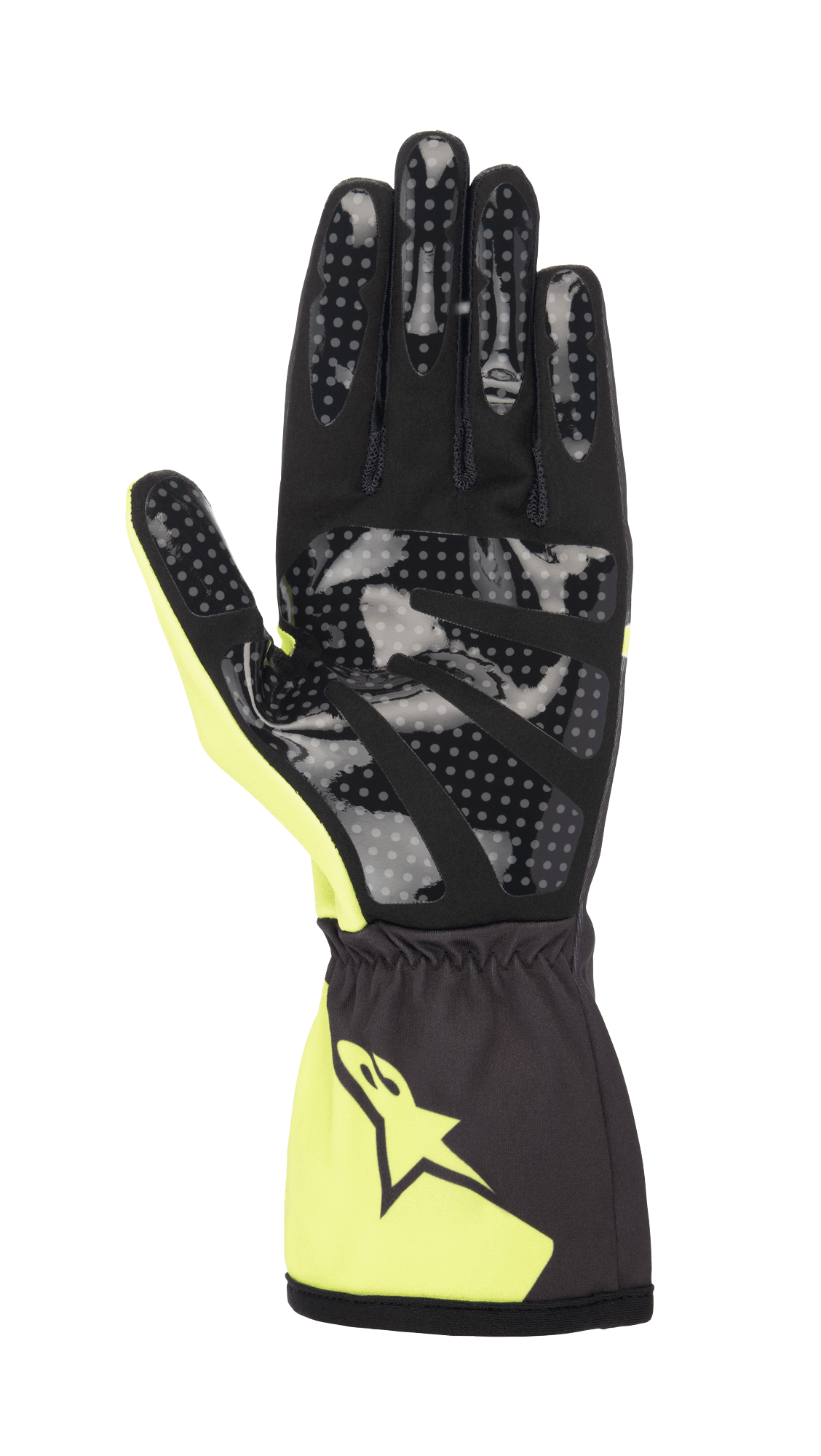 Alpinestars Youth Tech-1 K Race S V2 Corporate handsker, karthandsker, antracit og lime, set fra håndfladen med prikket silikonegreb, håndflade i syntetisk ruskind og elastisk manchet med Alpinestars-logo
