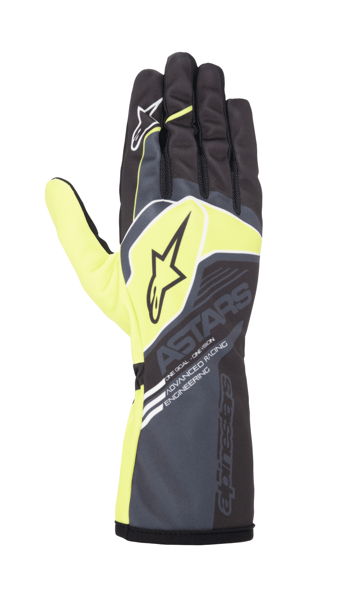 Alpinestars Youth Tech-1 K Race S V2 Corporate handsker, karting racinghandsker, antracitgrå og limegrøn, med stjerne-logoer og 'ASTARS' branding, lang manchet med 'Advanced Racing Engineering' tekst, højtydende racing-design til unge kørere
