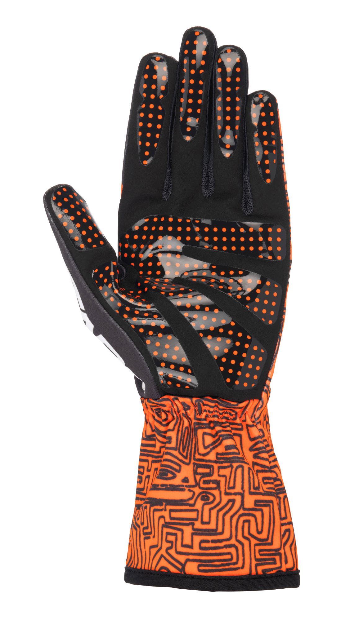 Alpinestars Tech-1 K Race V2 Vertical handsker, kartinghandsker, neonorange og sort, håndfladevisning med sort syntetisk ruskind og orange silikoneprikker for greb, manchet med detaljeret sort grafisk mønster, designet til præcis kontrol ved gokartkørsel