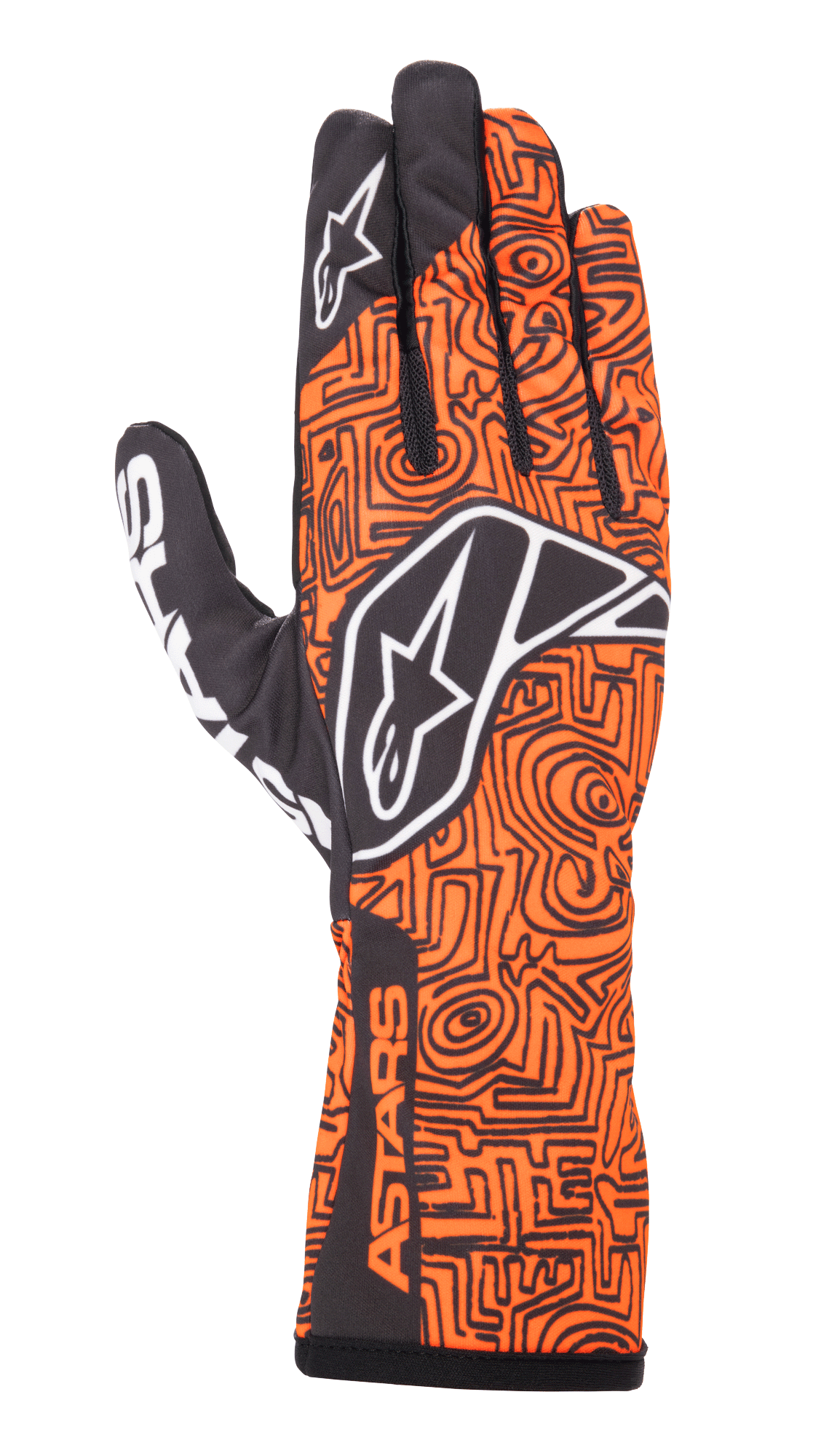 Alpinestars Tech-1 K Race V2 Vertical handsker, karting racinghandsker, orange fluo og sort, indviklet sort labyrint-agtigt geometrisk mønster, hvidt Alpinestars-logo på håndryggen og pegefingeren, ASTARS-branding på siden af håndleddet, letvægts åndbart mesh-design