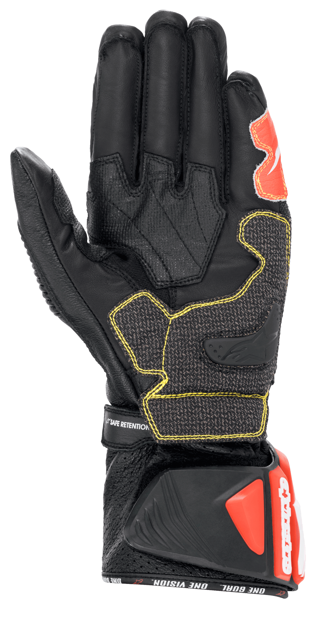 Alpinestars GP Tech V2 handsker, sort, hvid og rød fluo, set fra håndfladen med sort læderkonstruktion og gule kontrastsyninger, beskyttende DFS-manchet med røde detaljer, professionelt racing-motorcykeludstyr