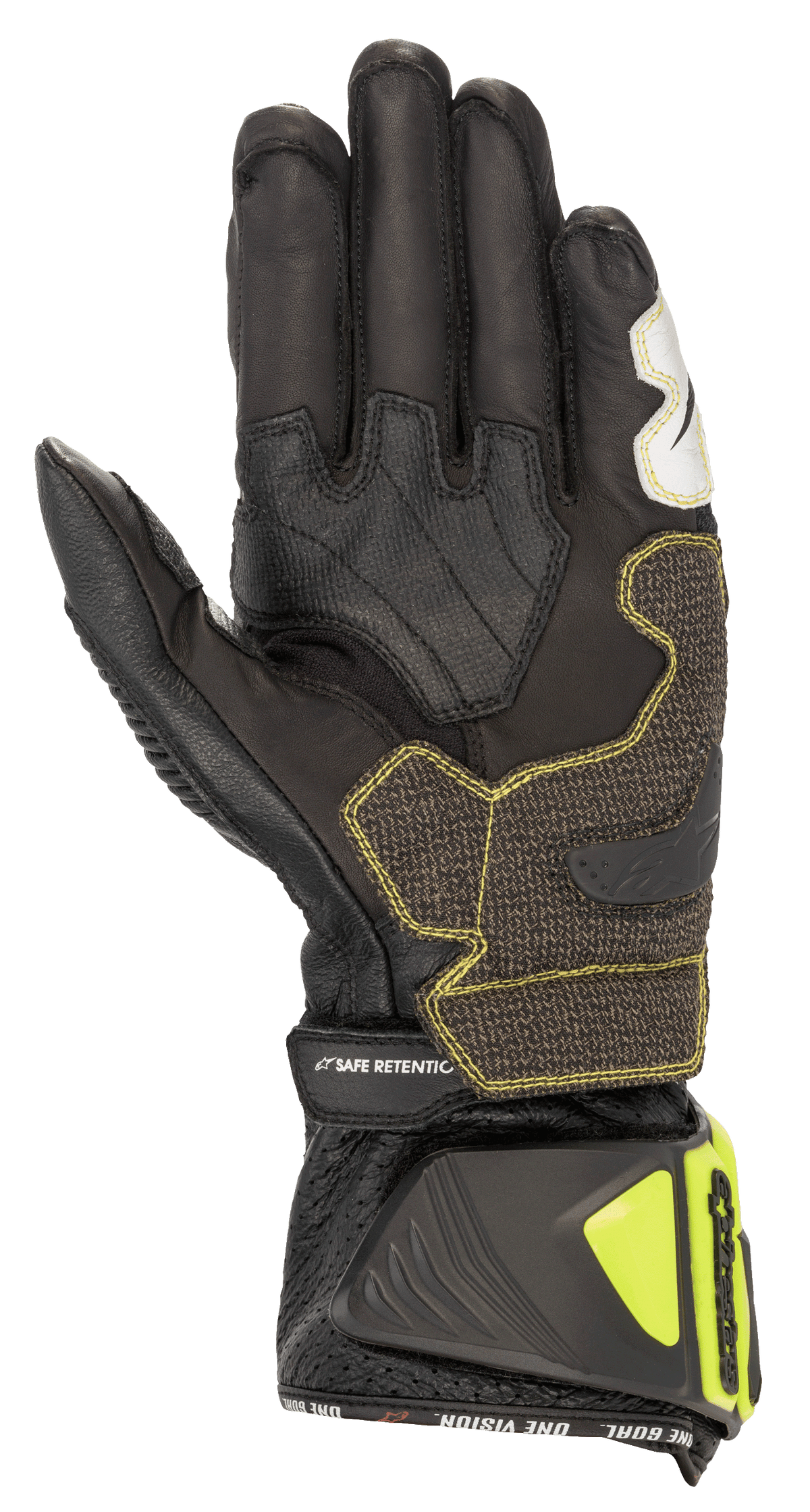 Alpinestars GP Tech V2 handsker, sort og gul fluo, set fra håndfladesiden med kængurulæderkonstruktion, forstærkede gribepaneler med gule syninger, ergonomisk manchet med gule fluo-beskyttere og 'SAFE RETENTION'-strop, professionelt motorcykeludstyr til racing