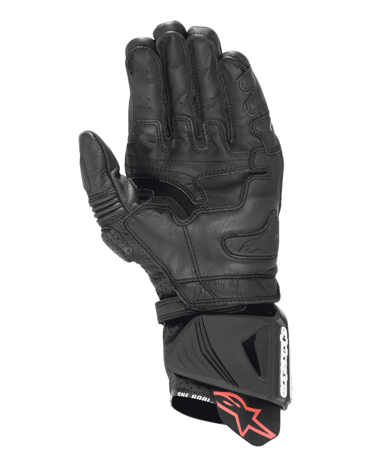 Alpinestars GP Pro R4 handsker, racing-manchethandsker, sort, håndfladevisning der viser forstærket læderkonstruktion, perforerede fingerdetaljer og DFS-manchetbeskytter med strop med rødt stjernelogo