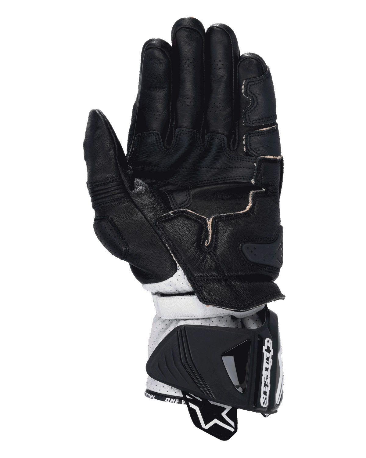 Alpinestars GP Pro R4 handsker, racing motorcykelhandsker, sort rød fluo hvid, set fra håndfladen med sort læderkonstruktion, perforerede fingre, grebsforstærkninger og hvidt læderstykke ved håndleddet med en stor beskyttende manchet