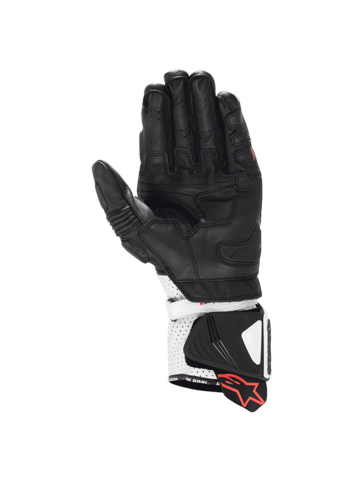 Alpinestars GP Pro R4 handsker, motorcykelhandsker til racing, sort og hvid, kængurulæder i håndfladen og DFS-manchet.