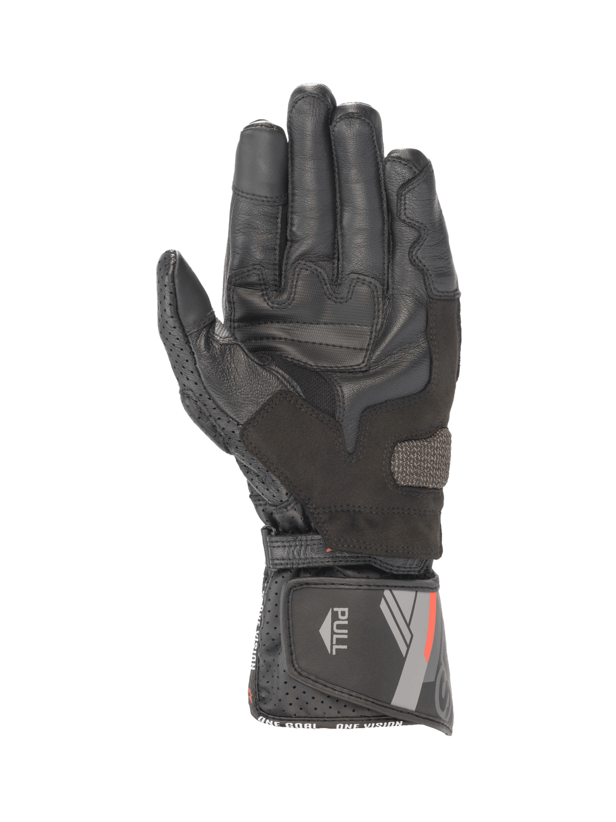 Alpinestars SP-8 V3 motorcykelhandsker i sort læder, håndflade med grebsforstærkninger og sikker velcrolukning.