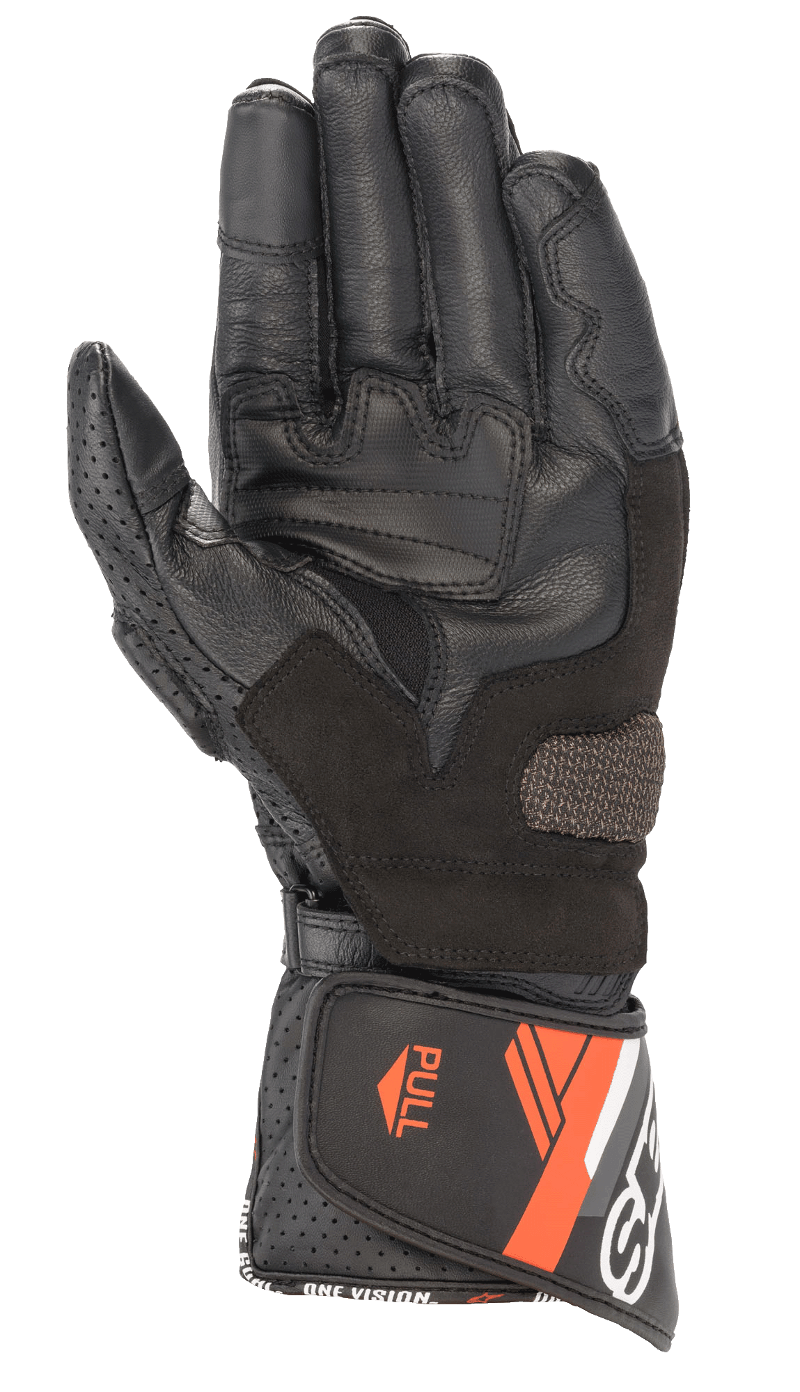 Alpinestars SP-8 V3 læderhandske, motorcykelhandske, sort og rød fluo, håndfladevisning med forstærkede grebspaneler, perforeret læder på tommelfingeren og justerbar manchet med orange detaljer og "ONE GOAL ONE VISION"-branding